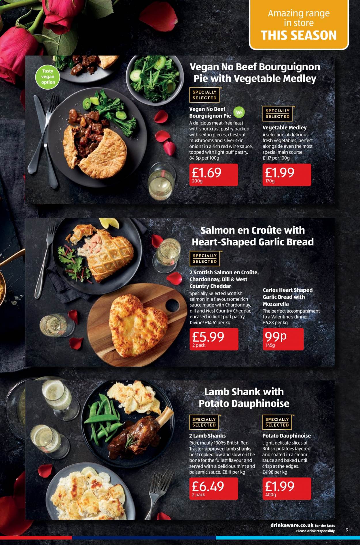 thumbnail - Aldi offer  - 07/02/2021 - 14/02/2021 - Sales products - potatoes, onion, lamb meat, lamb shank, bread, shortcrust pastry, pie, salmon, mozzarella, cheddar, puff pastry, dill, chestnuts, Chardonnay, tractor. Page 9.