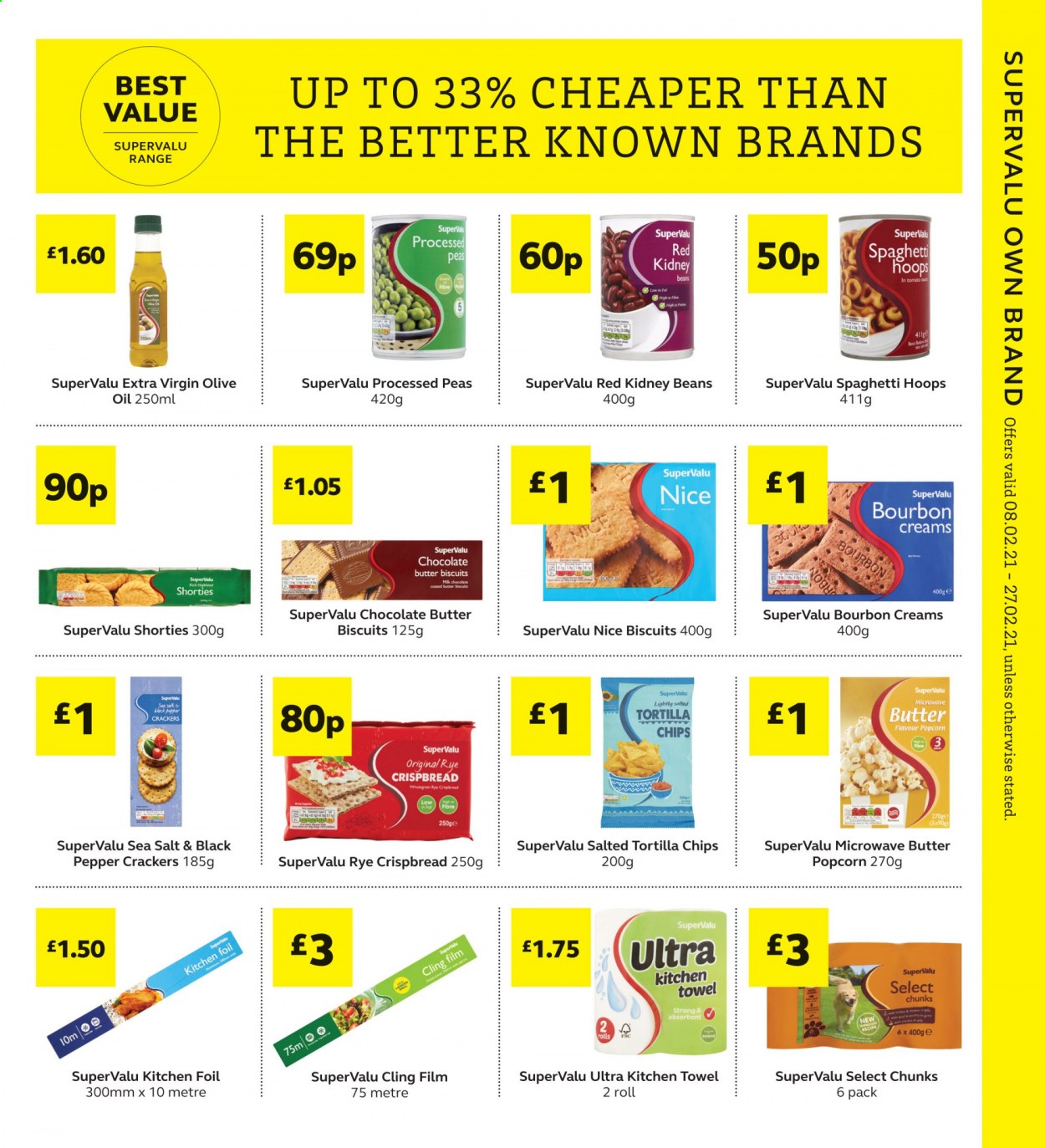 thumbnail - SuperValu offer  - 08/02/2021 - 27/02/2021 - Sales products - beans, peas, rye crispbread, crispbread, butter, biscuit, chocolate, crackers, tortilla chips, chips, popcorn, sea salt, kidney beans, spaghetti, black pepper, extra virgin olive oil, olive oil, kitchen towels, kitchen foil. Page 3.