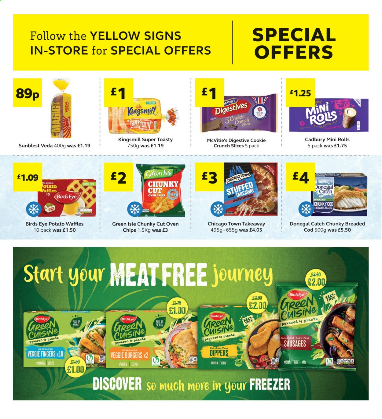 thumbnail - SuperValu offer  - 08/02/2021 - 27/02/2021 - Sales products - hamburger, waffles, cod, Bird's Eye, veggie burger, sausage, Donegal Catch, Cadbury, Digestive, Ron Pelicano, succulent. Page 6.