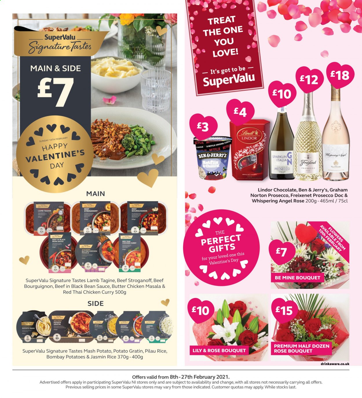 thumbnail - SuperValu offer  - 08/02/2021 - 27/02/2021 - Sales products - beans, potatoes, butter, Ben & Jerry's, chocolate, Lindt, Lindor, prosecco, bouquet. Page 16.