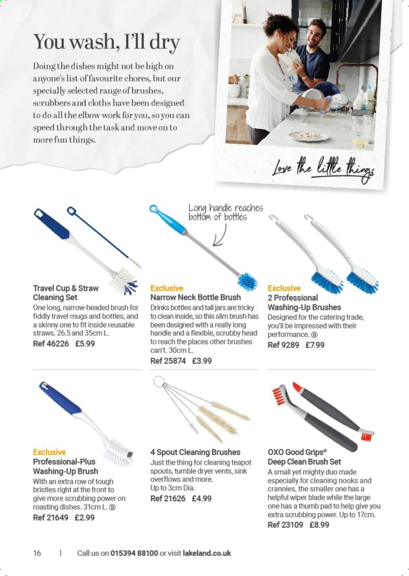 thumbnail - Lakeland offer  - Sales products - cleaning set, brush set, teapot, cup, travel mug, jar. Page 16.