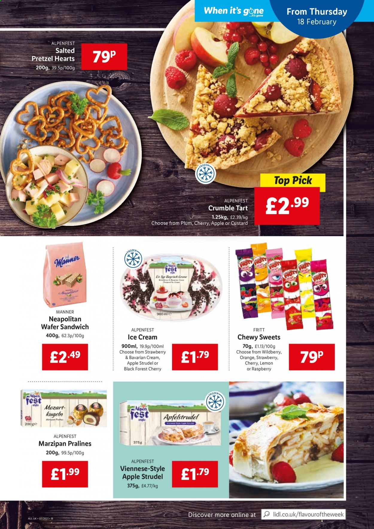 thumbnail - Lidl offer  - 18/02/2021 - 24/02/2021 - Sales products - pretzels, tart, strudel, Alpen Fest, crumble tart, custard, ice cream, wafers, pralines, chewing gum, marzipan. Page 7.
