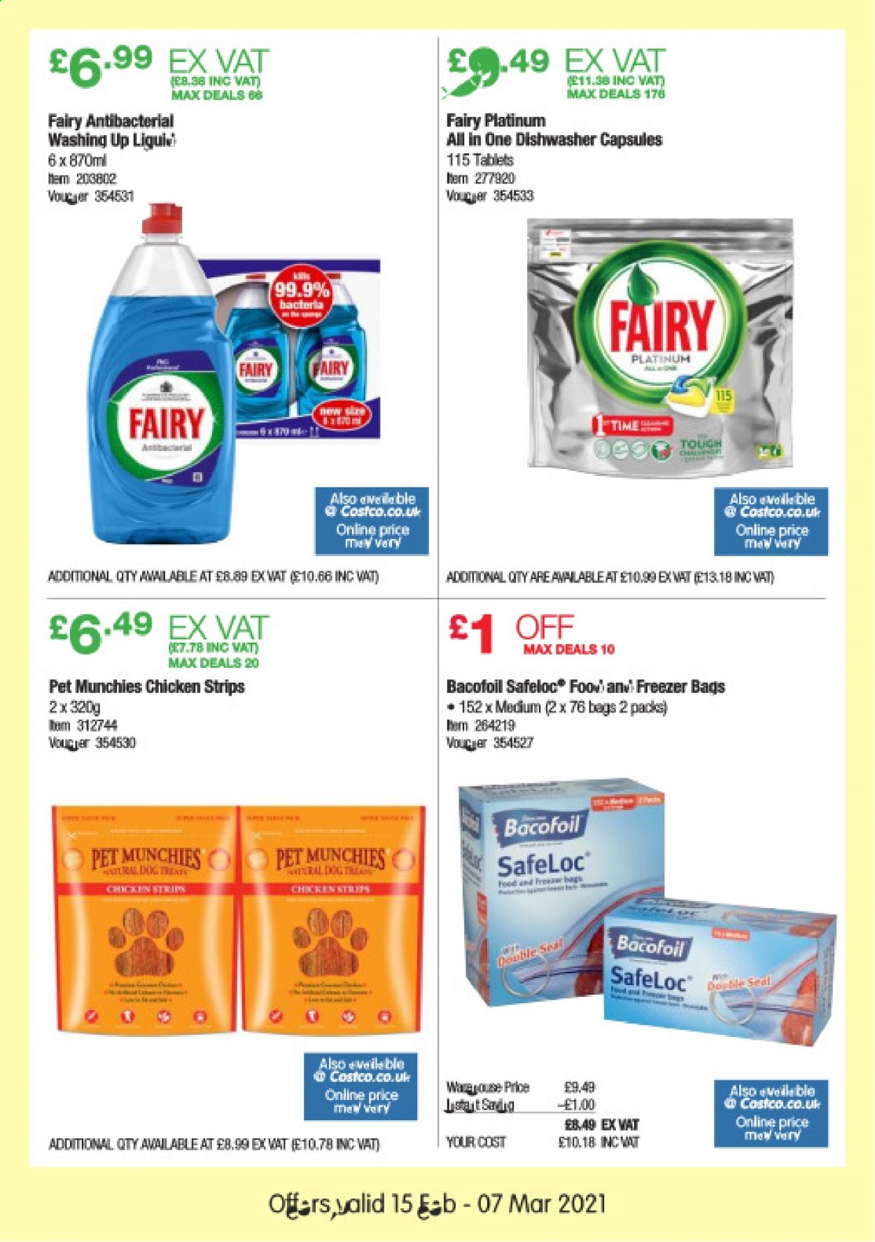 thumbnail - Costco offer  - 15/02/2021 - 07/03/2021 - Sales products - strips, chicken strips, Fairy, freezer, dishwasher, bag. Page 7.