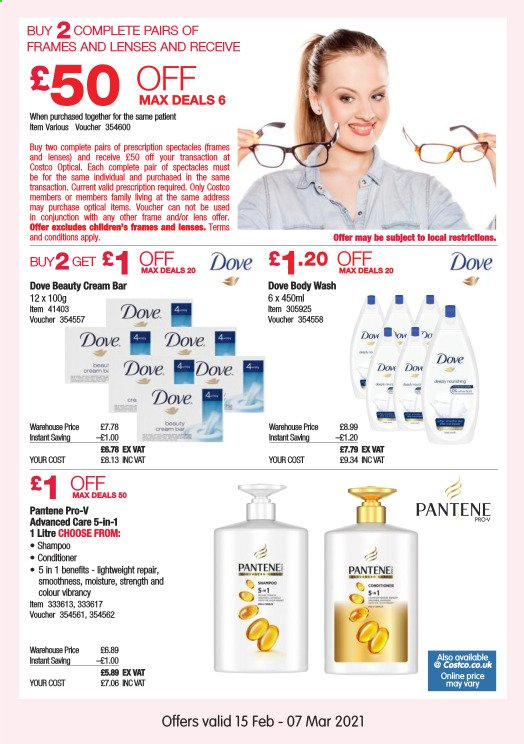 thumbnail - Costco offer  - 15/02/2021 - 07/03/2021 - Sales products - body wash, Dove, shampoo, conditioner, Pantene, lenses. Page 10.