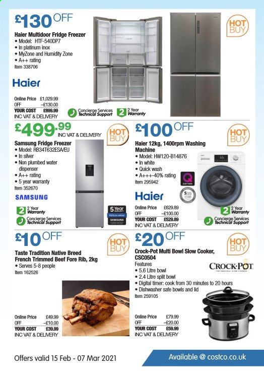 thumbnail - Costco offer  - 15/02/2021 - 07/03/2021 - Sales products - dispenser, lid, pot, bowl, Haier, Samsung, freezer, refrigerator, fridge, washing machine, slow cooker, CrockPot, water dispenser. Page 23.
