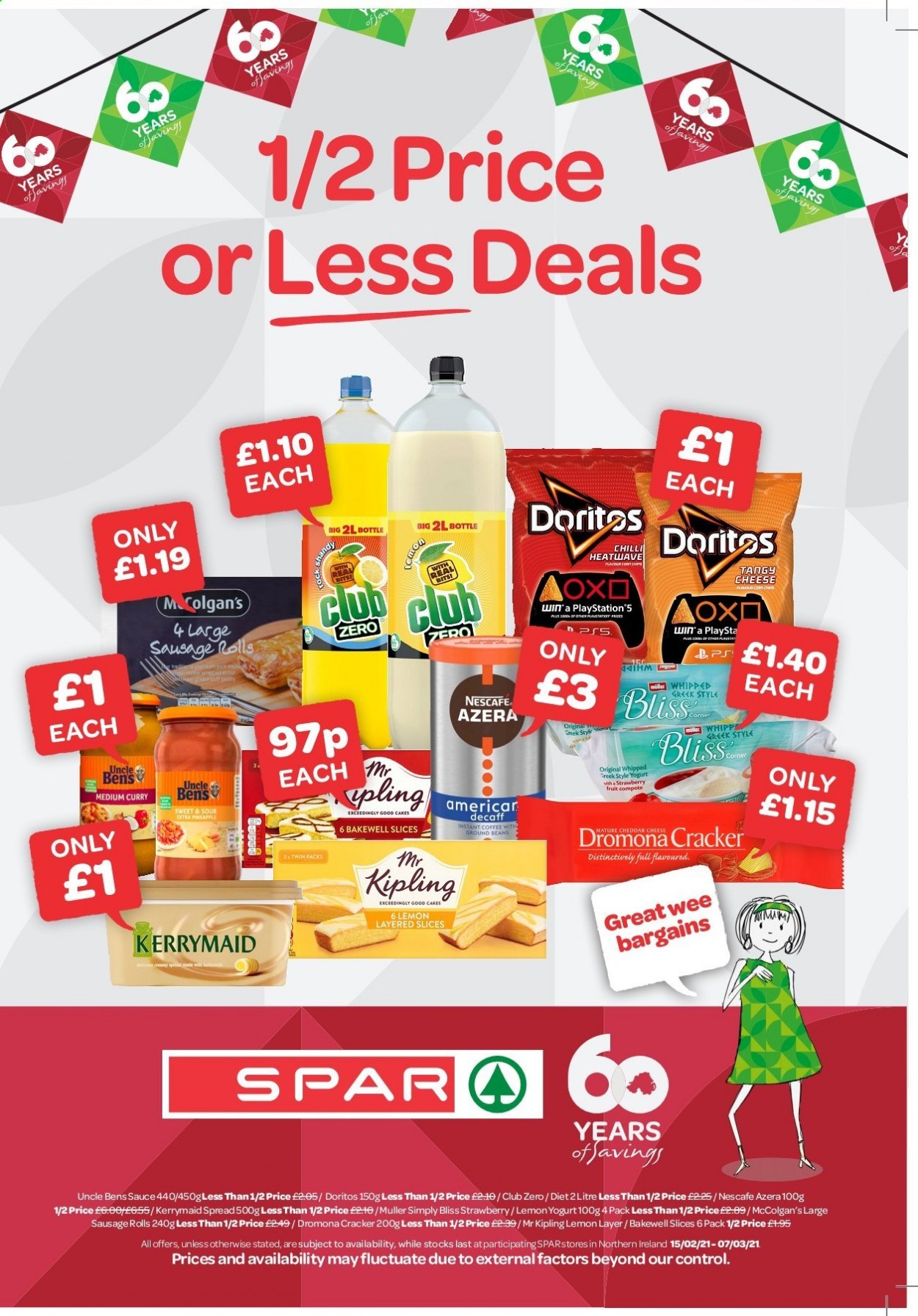 thumbnail - SPAR offer  - 15/02/2021 - 07/03/2021 - Sales products - beans, sausage rolls, cake, sauce, sausage, cheddar, cheese, yoghurt, Müller, crackers, Doritos, compote, Uncle Ben's, Club Zero, instant coffee, Nescafé. Page 1.
