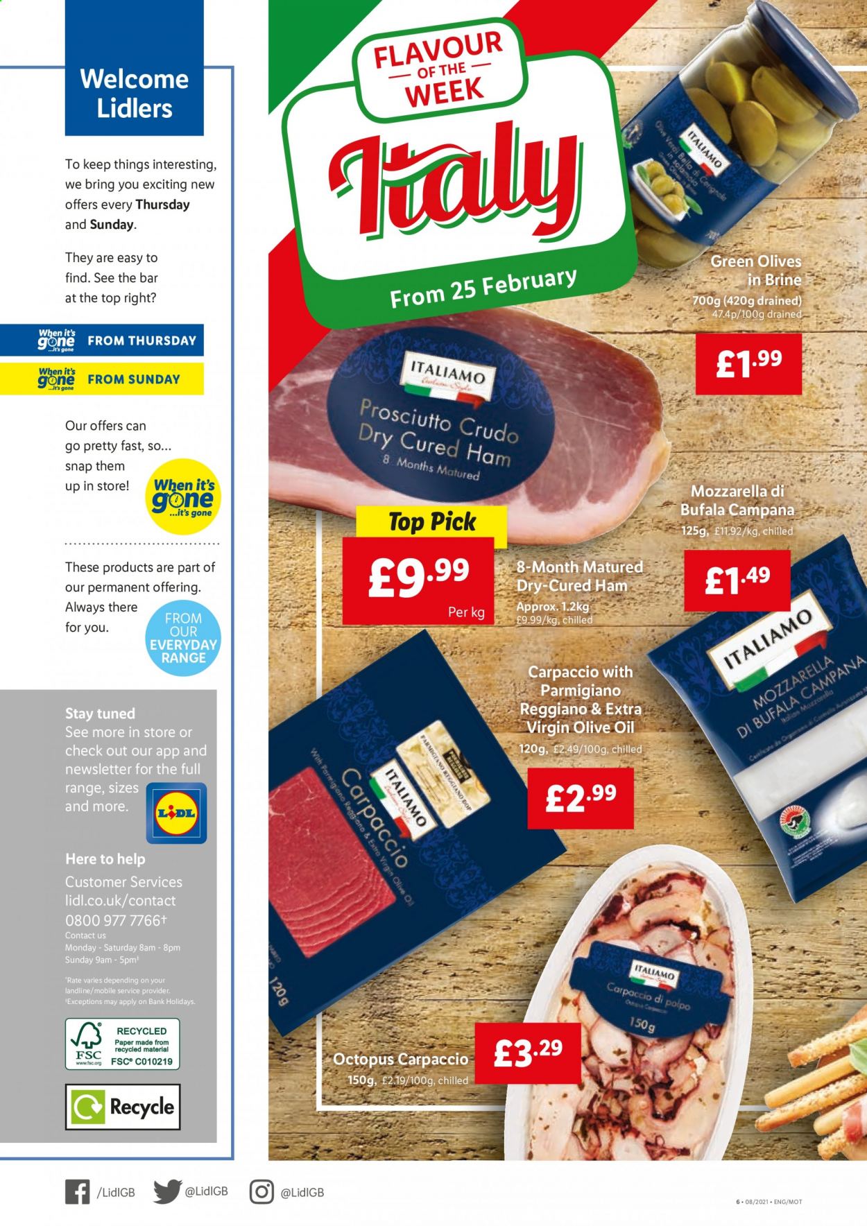 thumbnail - Lidl offer  - 25/02/2021 - 03/03/2021 - Sales products - octopus, ham, prosciutto, mozzarella, Parmigiano Reggiano, olives, extra virgin olive oil, olive oil. Page 6.