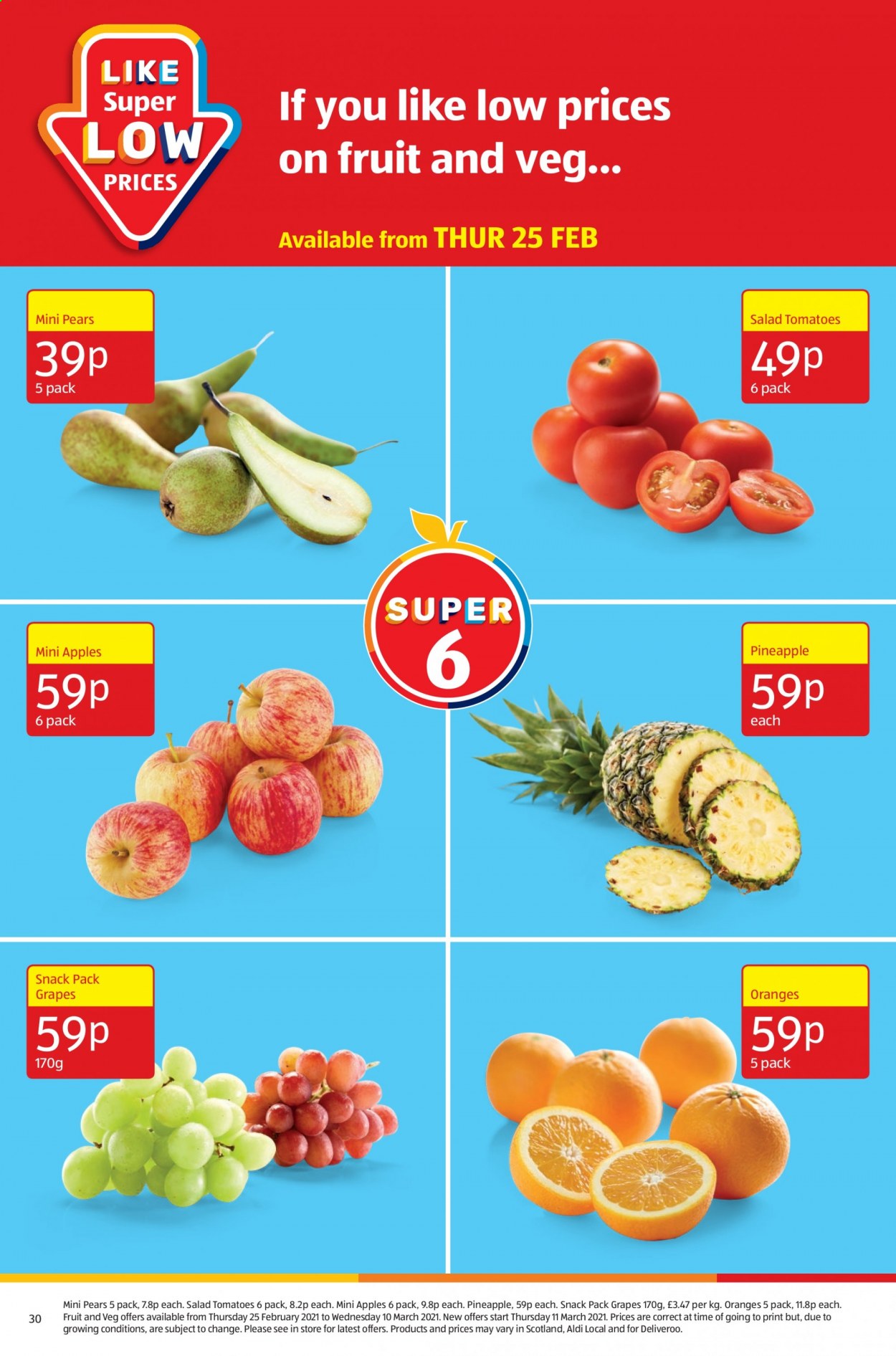 thumbnail - Aldi offer  - 21/02/2021 - 28/02/2021 - Sales products - tomatoes, salad, grapes, pineapple, pears, oranges, apples. Page 30.