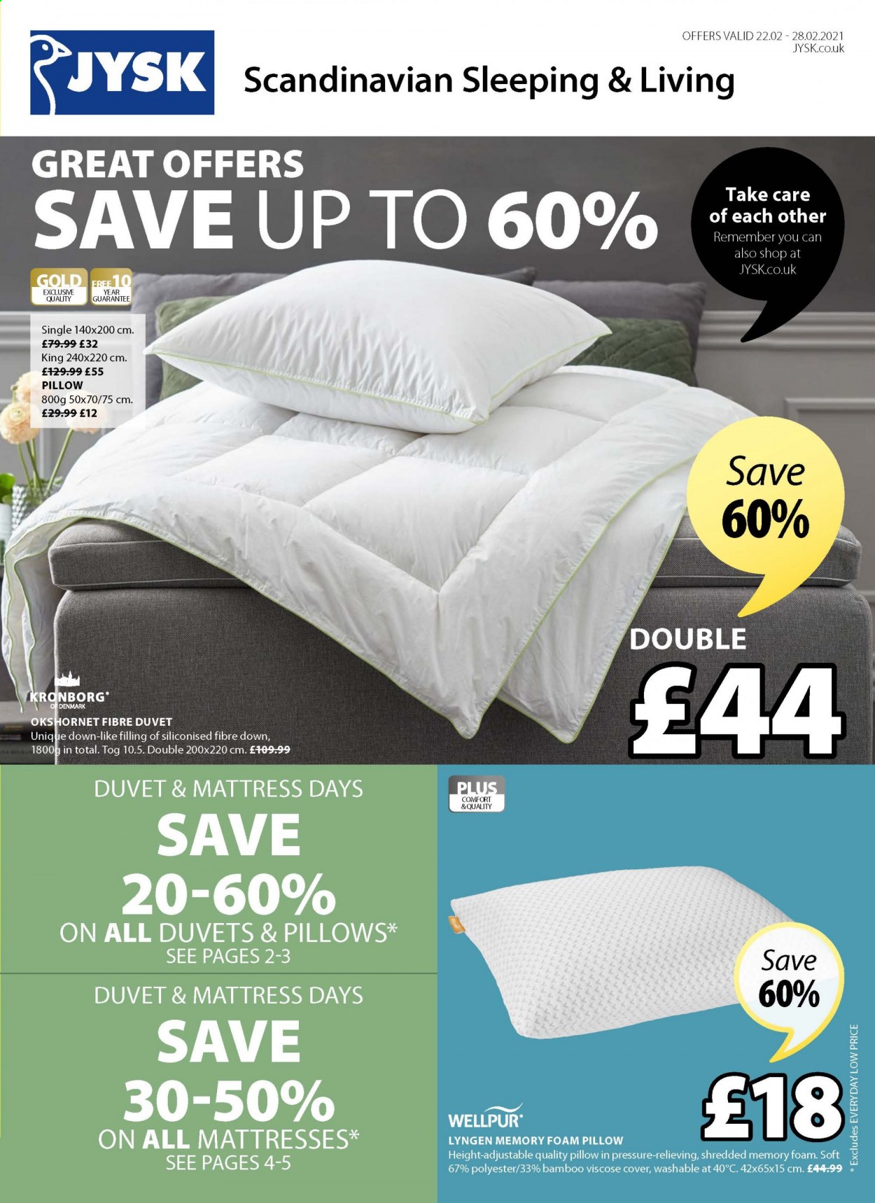 thumbnail - JYSK offer  - 22/02/2021 - 28/02/2021 - Sales products - mattress, Kronborg, duvet, pillow, foam pillow. Page 1.