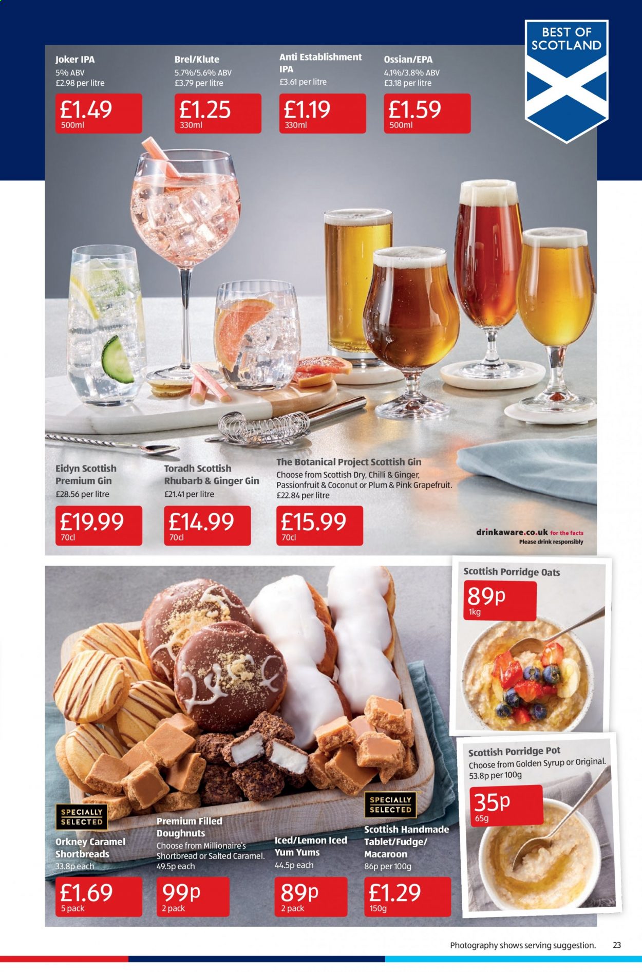 thumbnail - Aldi offer  - 28/02/2021 - 07/03/2021 - Sales products - IPA, grapefruits, coconut, macaroons, donut, fudge, oats, porridge, syrup, gin, pot. Page 23.