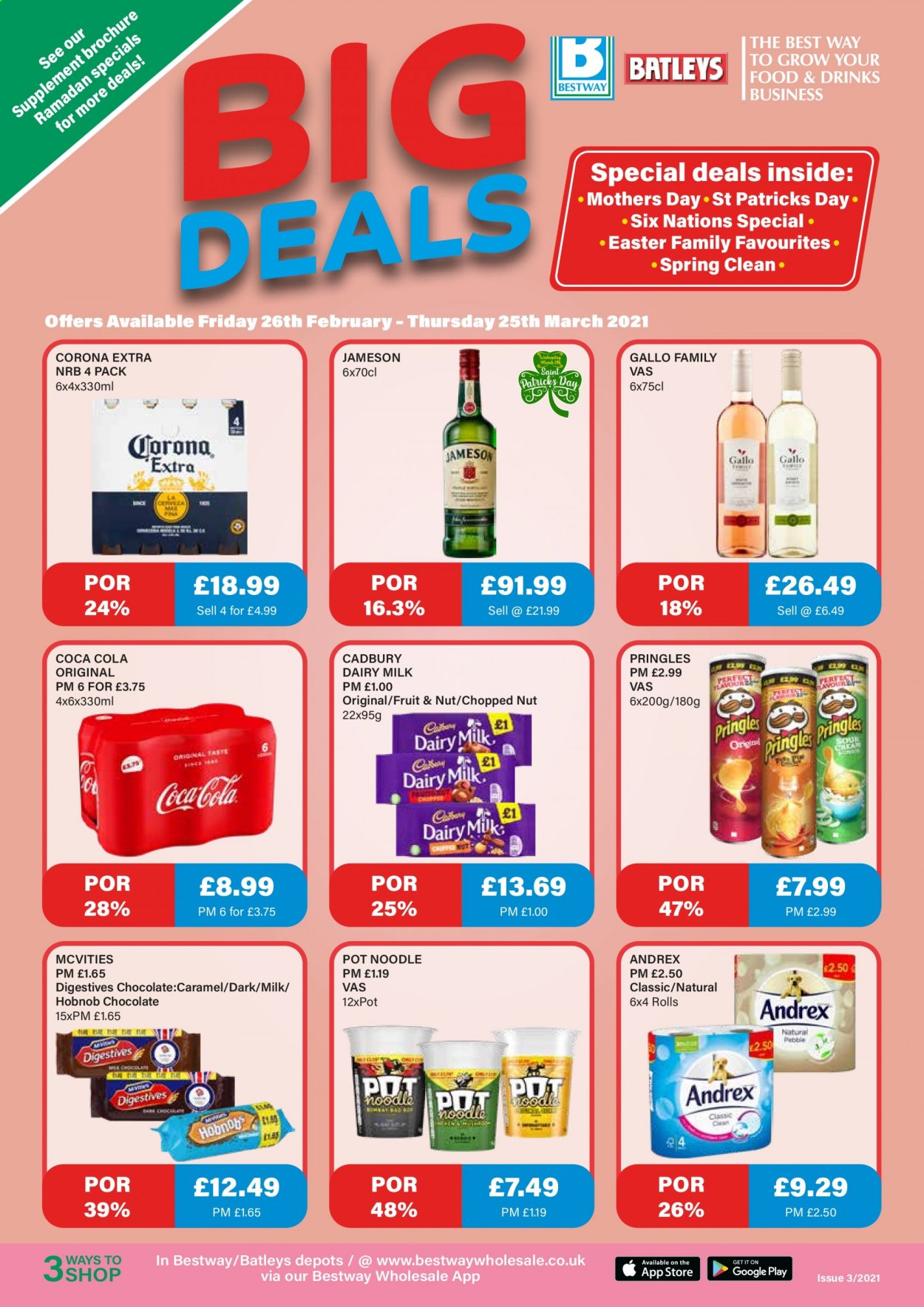 thumbnail - Bestway offer  - 26/02/2021 - 25/03/2021 - Sales products - Corona Extra, beer, chocolate, Cadbury, Dairy Milk, Pringles, noodles, caramel, Coca-Cola, Gallo Family, Jameson, pot. Page 1.