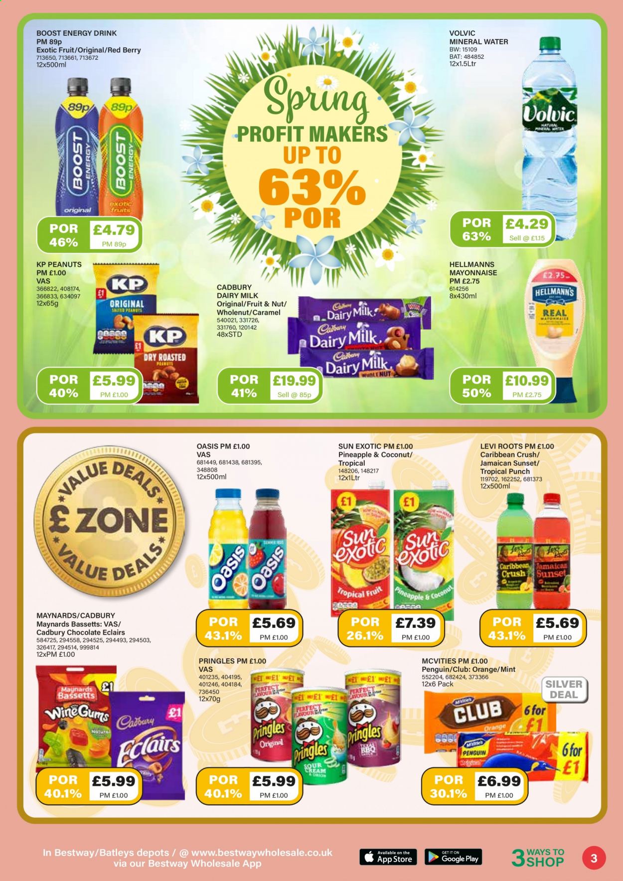 thumbnail - Bestway offer  - 26/02/2021 - 25/03/2021 - Sales products - coconut, oranges, mayonnaise, chocolate, Cadbury, Dairy Milk, Pringles, caramel, peanuts, energy drink, Volvic, mineral water, Boost, punch. Page 3.