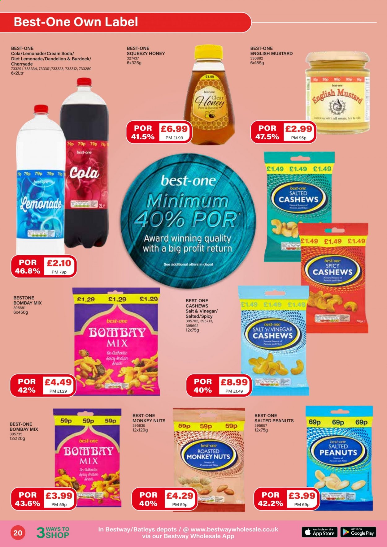 thumbnail - Bestway offer  - 26/02/2021 - 25/03/2021 - Sales products - pie, mustard, vinegar, honey, cashews, peanuts, lemonade, soda. Page 20.