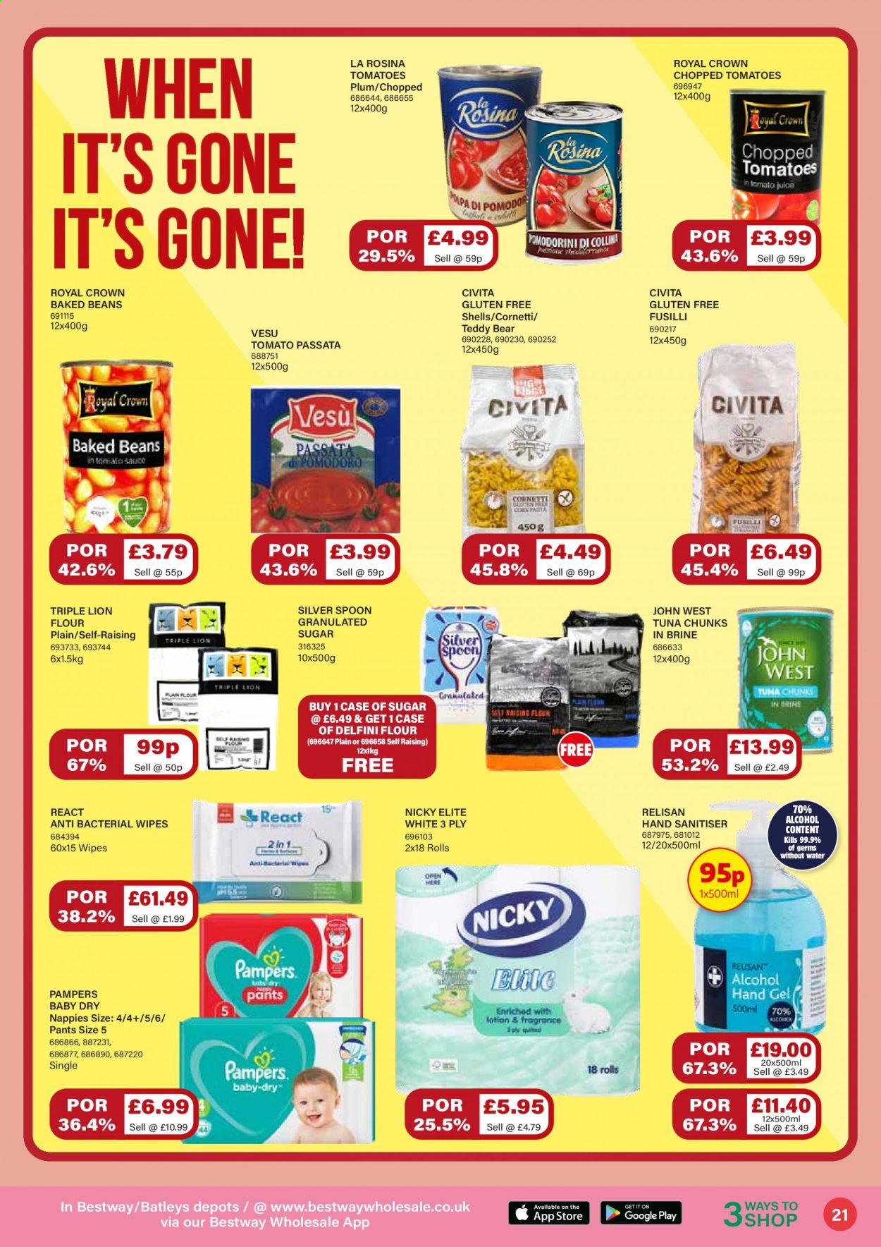 thumbnail - Bestway offer  - 26/02/2021 - 25/03/2021 - Sales products - beans, tomatoes, tuna, flour, granulated sugar, sugar, baked beans, chopped tomatoes, tomato sauce, Royal Crown, Pampers, nappies, wipes, spoon. Page 21.