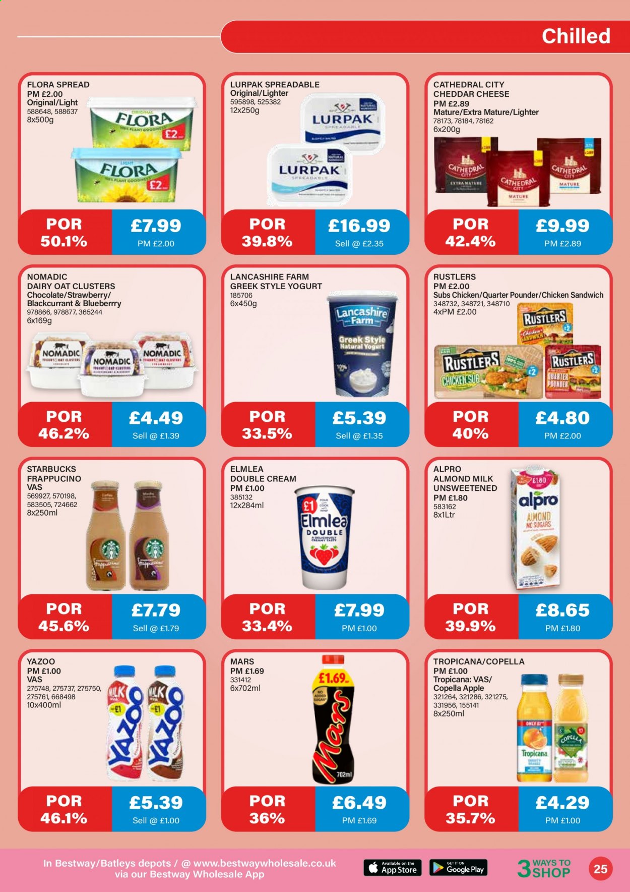 thumbnail - Bestway offer  - 26/02/2021 - 25/03/2021 - Sales products - sandwich, Alpro, Lancashire, cheddar, cheese, yoghurt, almond milk, Flora, chocolate, Mars, oats, Starbucks. Page 25.