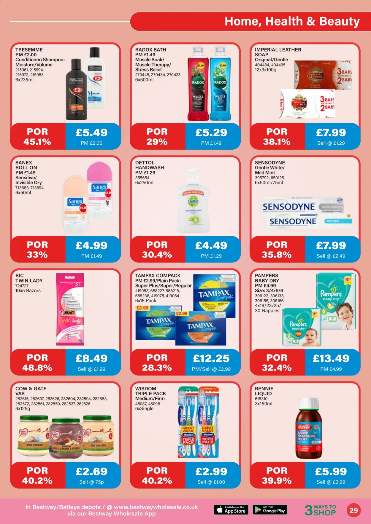 thumbnail - Bestway offer  - 26/02/2021 - 25/03/2021 - Sales products - Pampers, nappies, Dettol, shampoo, hand wash, Radox, soap, Sensodyne, Tampax, conditioner, TRESemmé, roll-on, Sanex, BIC, Rennie. Page 29.