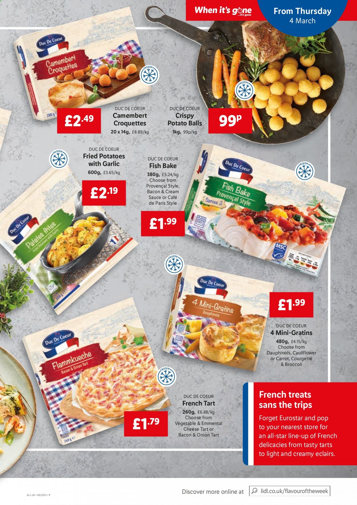 thumbnail - Lidl offer  - 04/03/2021 - 10/03/2021 - Sales products - broccoli, cauliflower, potatoes, tart, fish, bacon, camembert, cheese, potato croquettes. Page 5.