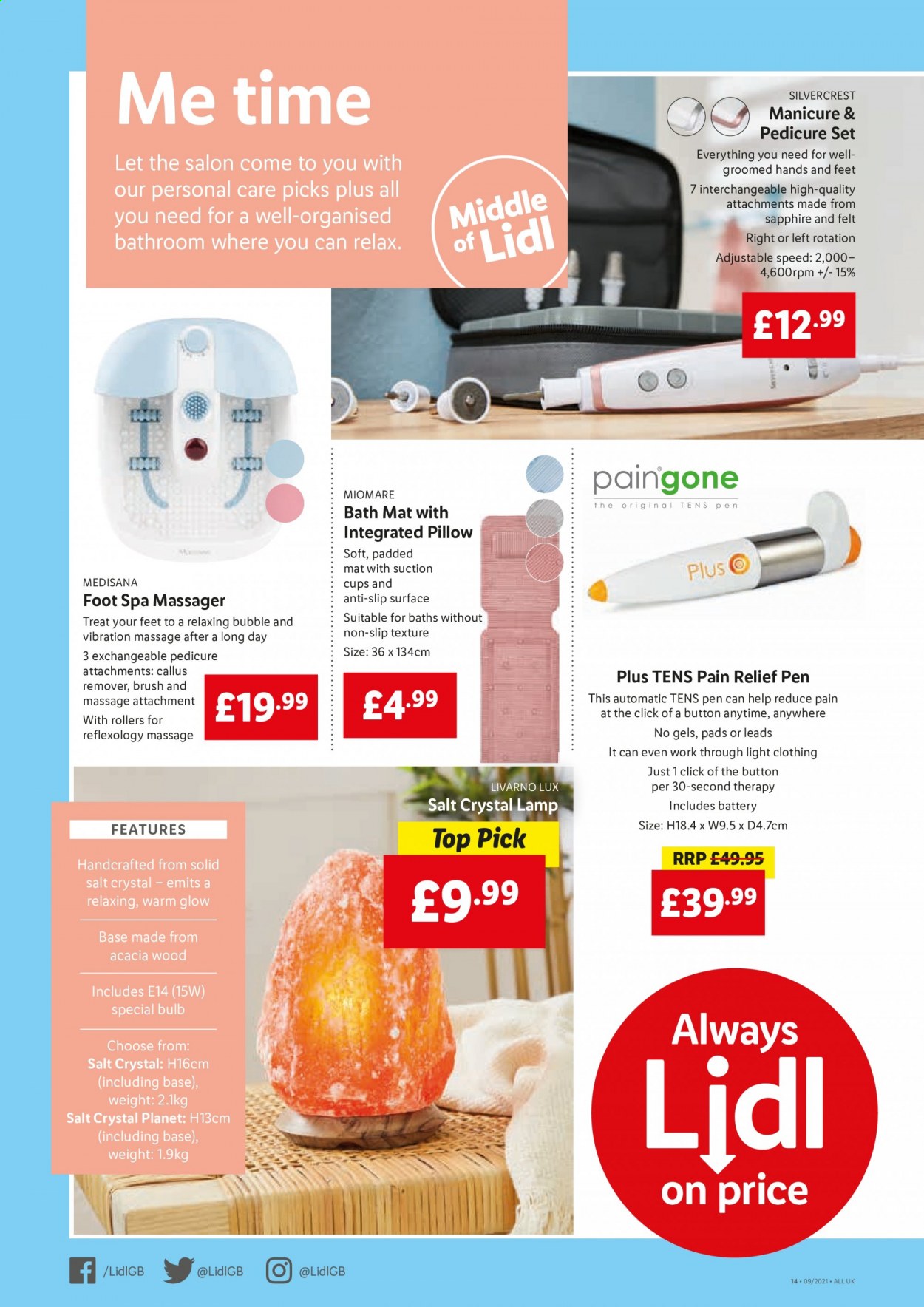 thumbnail - Lidl offer  - 04/03/2021 - 10/03/2021 - Sales products - SilverCrest, salt, Lux, manicure, callus remover, brush, suction cups, cup, pen, battery, bulb, pillow, bath mat, massager, foot spa, lamp, pain relief. Page 12.