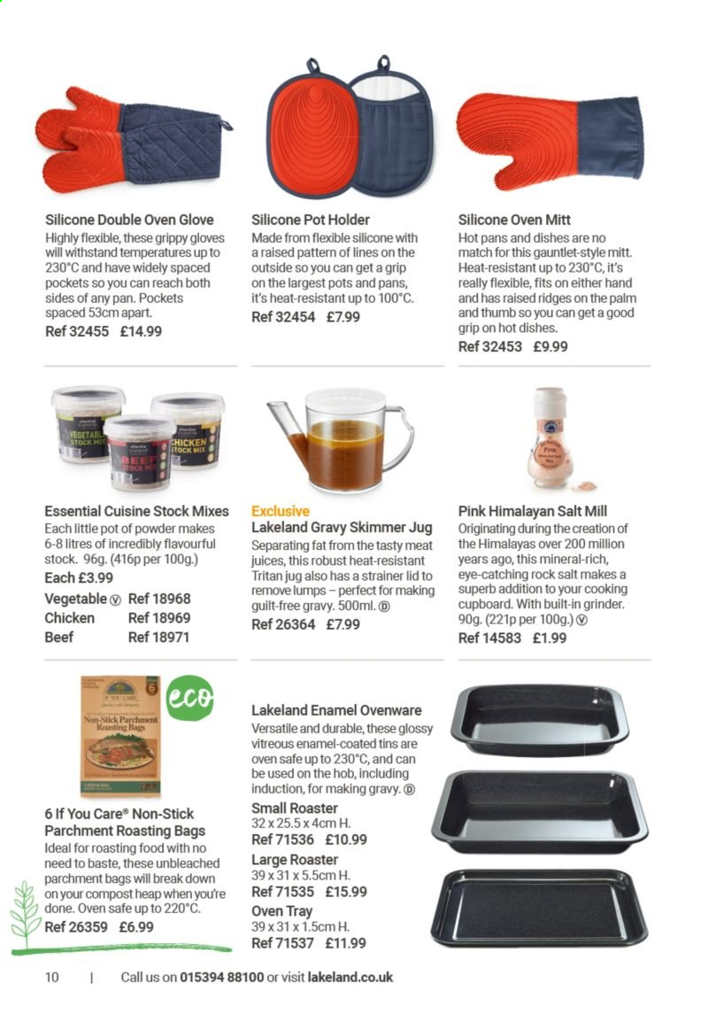 thumbnail - Lakeland offer  - Sales products - salt, lid, tray, pot, pan, oven mitt, grinder, roaster. Page 10.