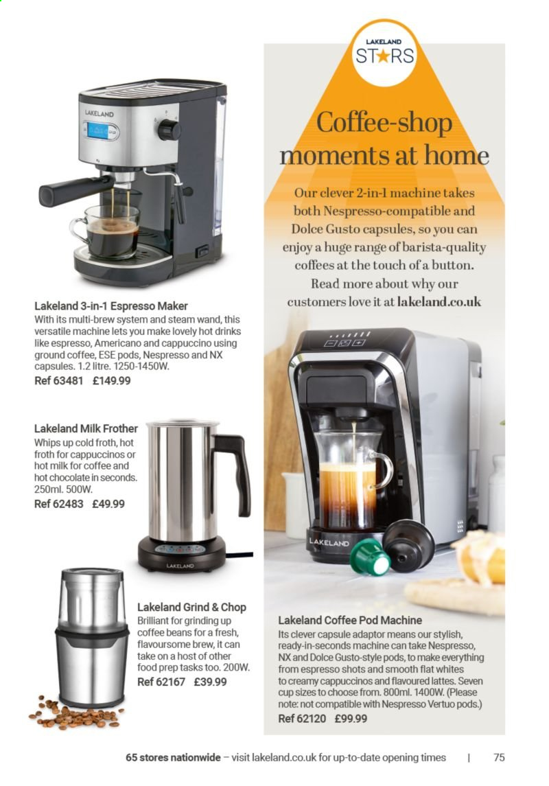 thumbnail - Lakeland offer  - Sales products - cup, Nespresso, Dolce Gusto, milk frother. Page 75.