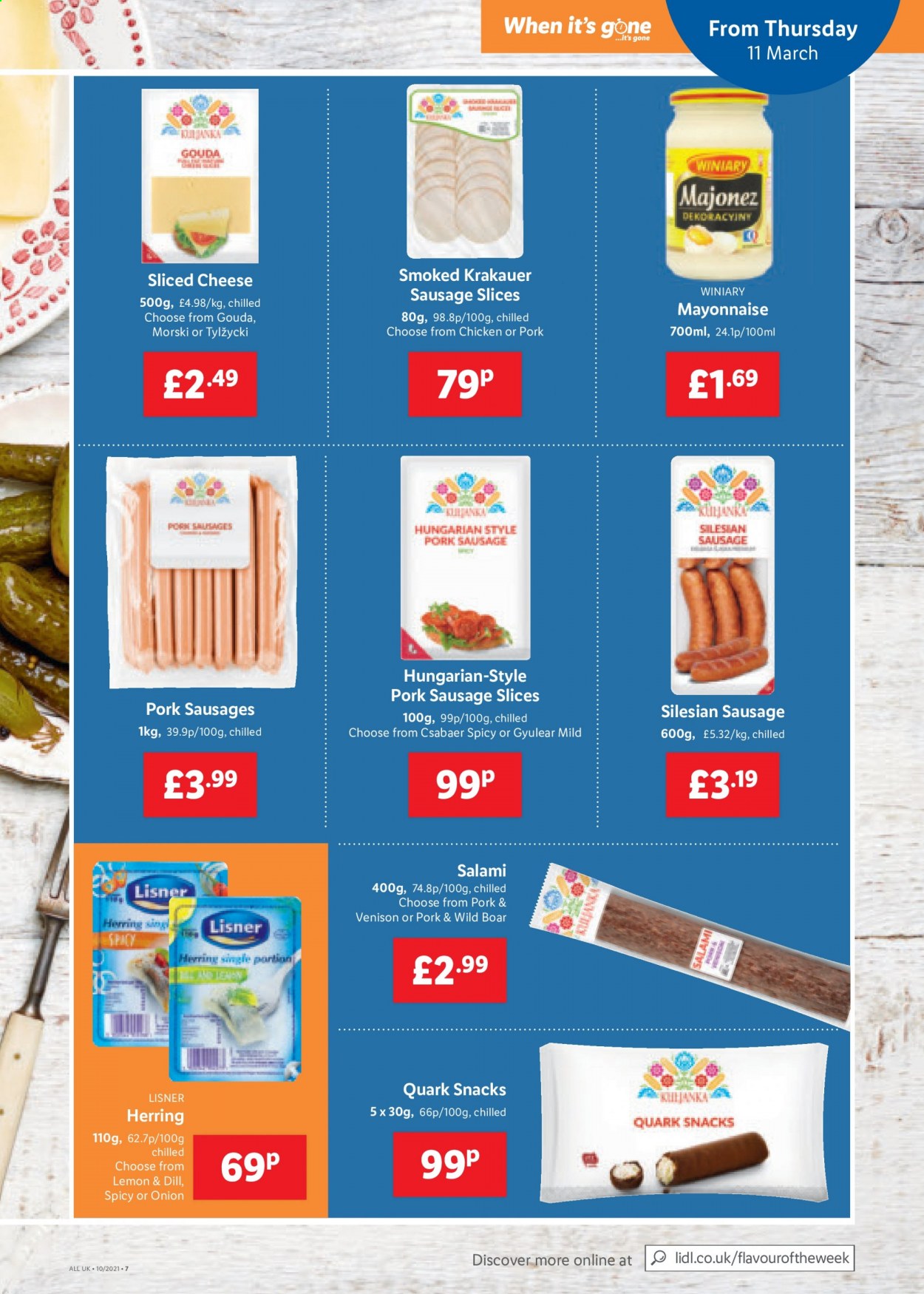 thumbnail - Lidl offer  - 11/03/2021 - 17/03/2021 - Sales products - wild boar, boar meat, onion, salami, sausage, sausage slices, gouda, sliced cheese, cheese, mayonnaise, snack, dill, pork sausage. Page 7.