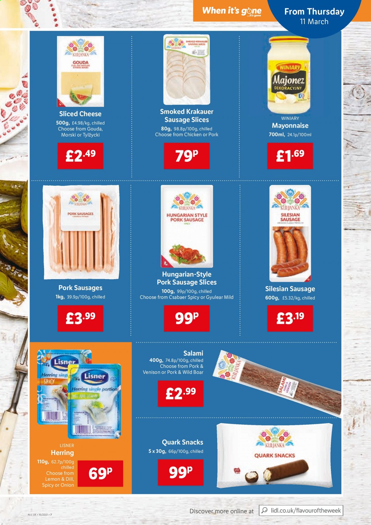 thumbnail - Lidl offer  - 11/03/2021 - 17/03/2021 - Sales products - wild boar, boar meat, onion, salami, sausage, sausage slices, gouda, sliced cheese, cheese, mayonnaise, snack, dill, pork sausage. Page 5.