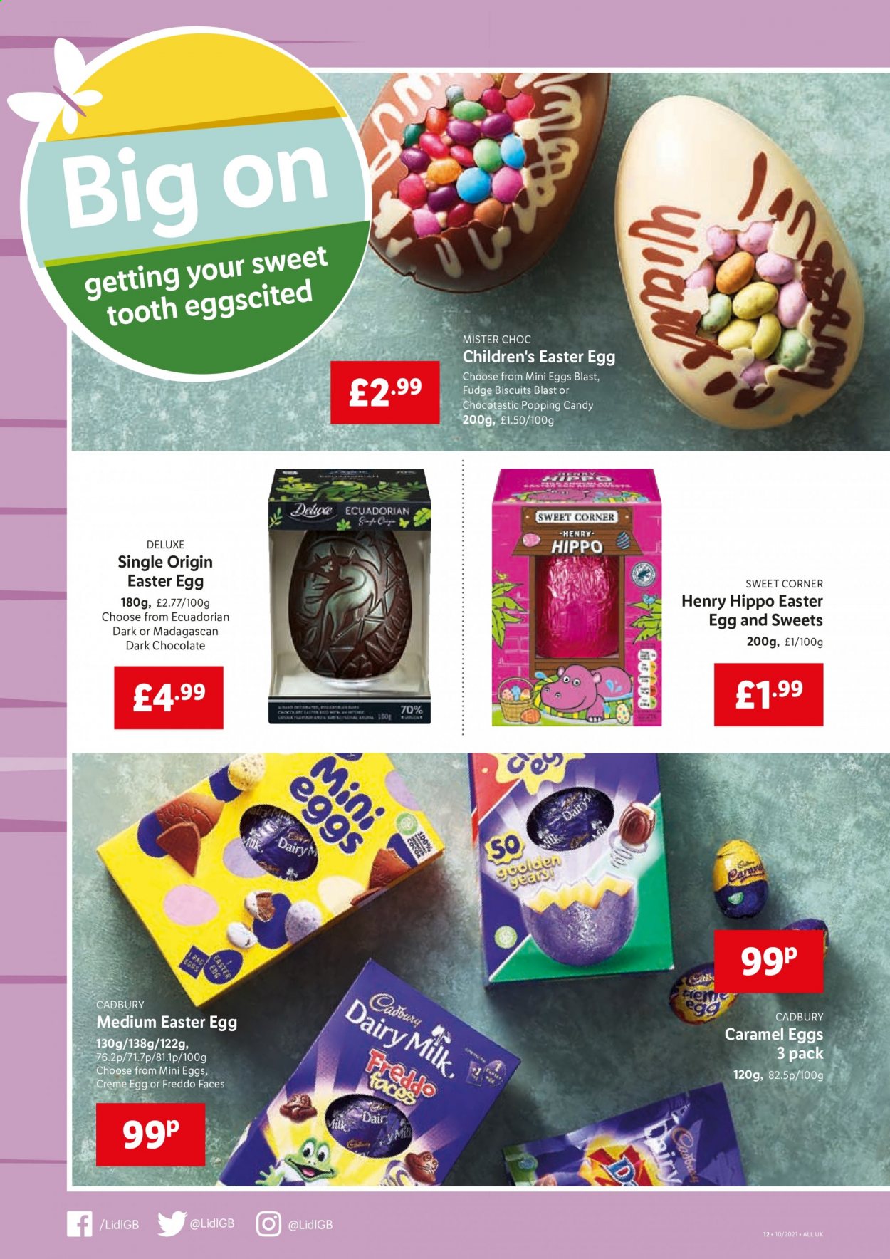 thumbnail - Lidl offer  - 11/03/2021 - 17/03/2021 - Sales products - easter egg, biscuit, fudge, chocolate, Cadbury, dark chocolate, Dairy Milk, caramel, Candy, bag. Page 10.