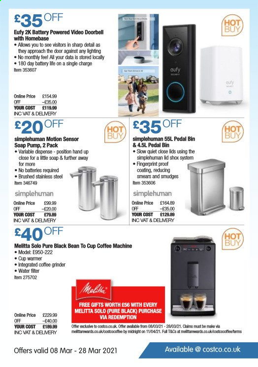 thumbnail - Costco offer  - 08/03/2021 - 28/03/2021 - Sales products - beans, soap, bin, lid, grinder, coffee grinder, cup, Sharp, water filter, coffee machine, pump. Page 25.