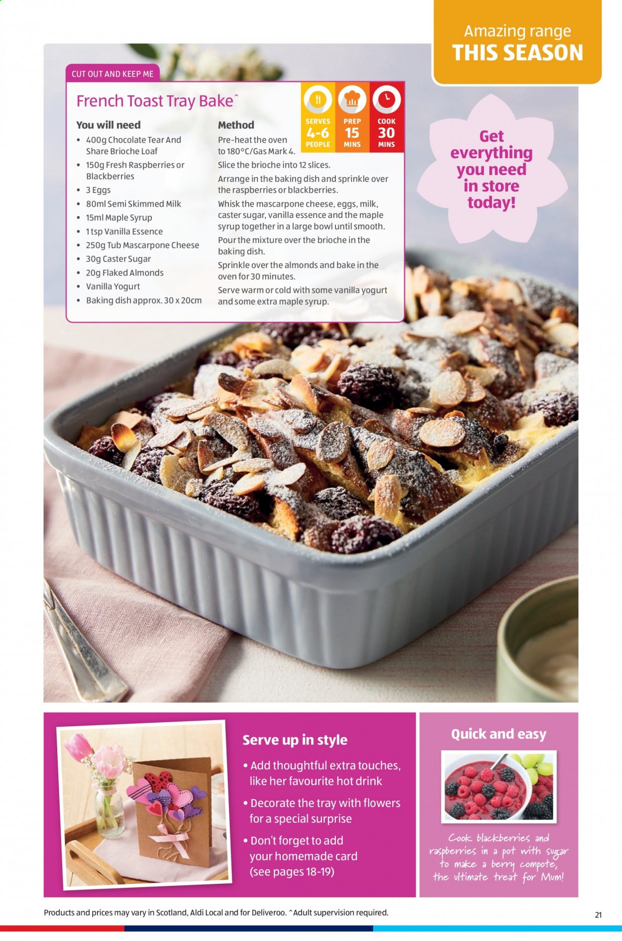 thumbnail - Aldi offer  - 07/03/2021 - 14/03/2021 - Sales products - blackberries, raspberries, toast bread, brioche, mascarpone, cheese, yoghurt, milk, chocolate, sugar, caster sugar, compote, maple syrup, syrup, almonds, Mum, tray, pot. Page 21.