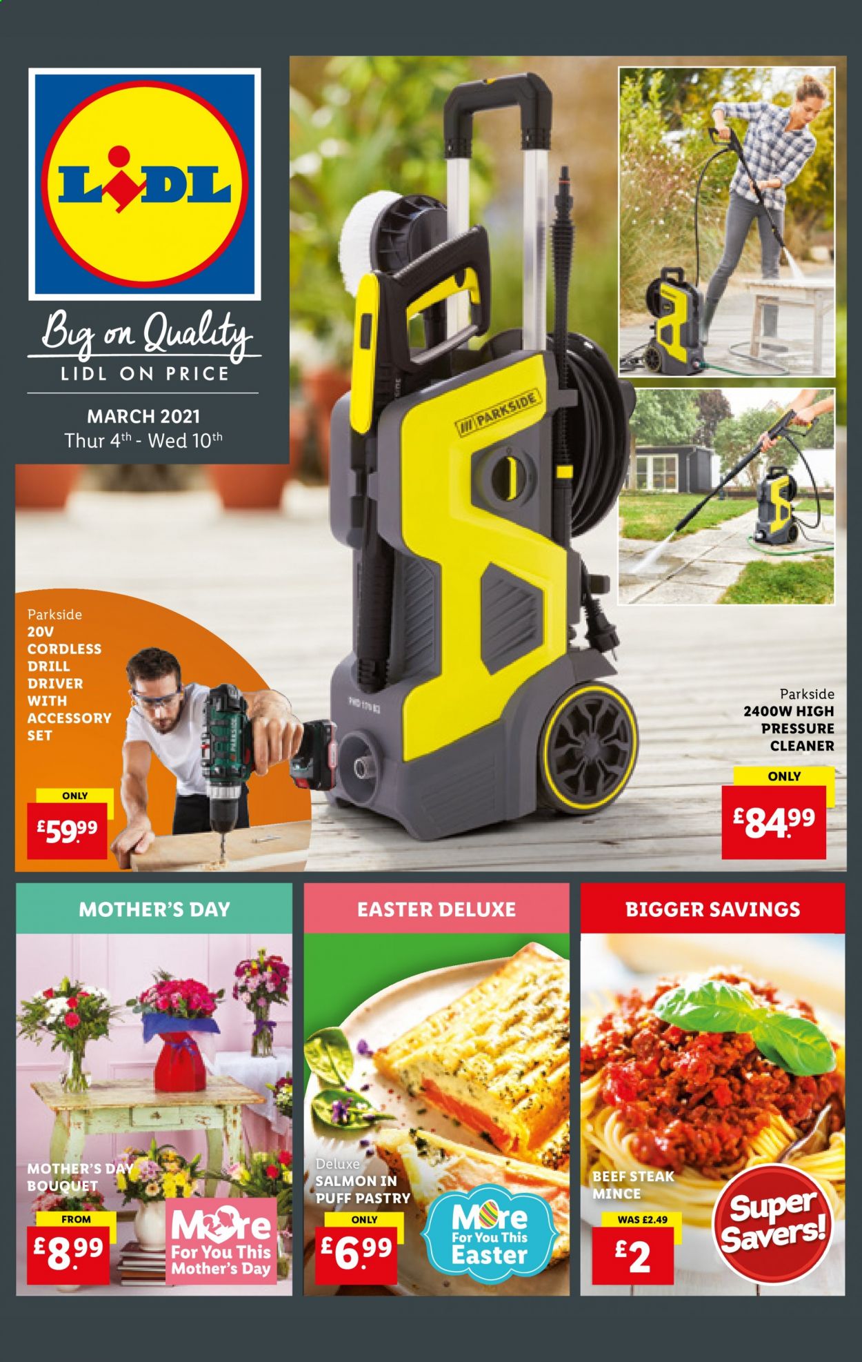 thumbnail - Lidl offer  - 04/03/2021 - 10/03/2021 - Sales products - beef meat, beef steak, steak, salmon, puff pastry, cleaner, Parkside, drill, bouquet. Page 1.