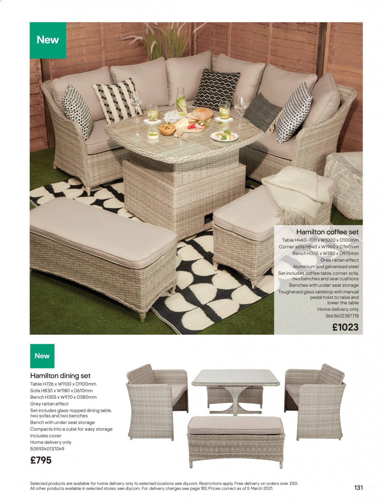 thumbnail - B&Q offer  - Sales products - cushion, dining set, dining table, bench, corner sofa, sofa, coffee table. Page 131.