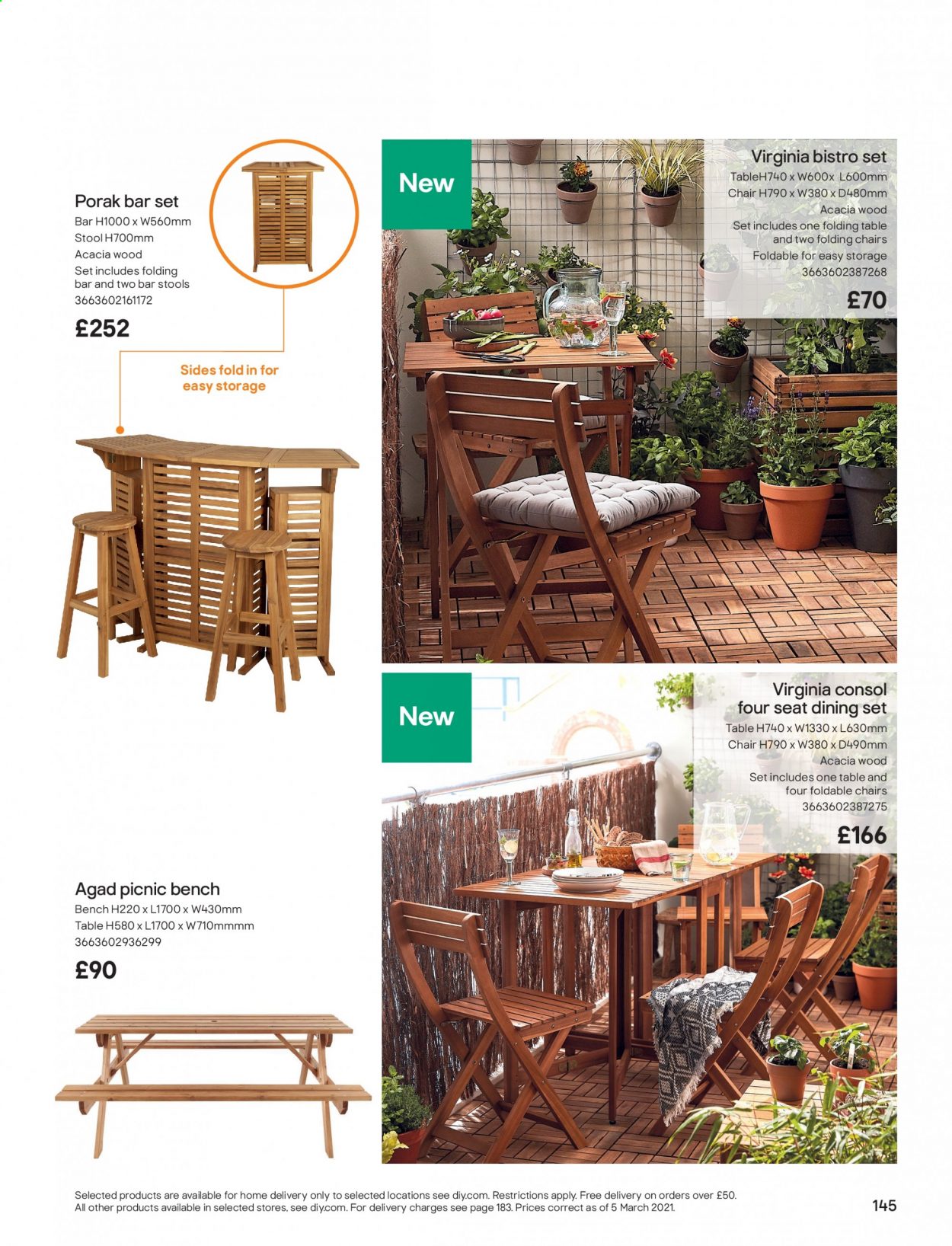 thumbnail - B&Q offer  - Sales products - dining set, table, bench, stool, chair, bar stool, storage stool, folding table. Page 145.