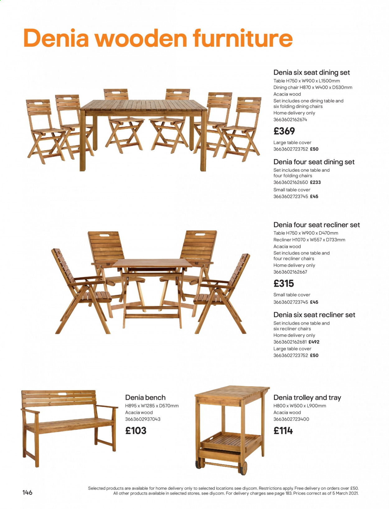 thumbnail - B&Q offer  - Sales products - trolley, dining set, dining table, table, bench, chair, dining chair, recliner chair. Page 146.