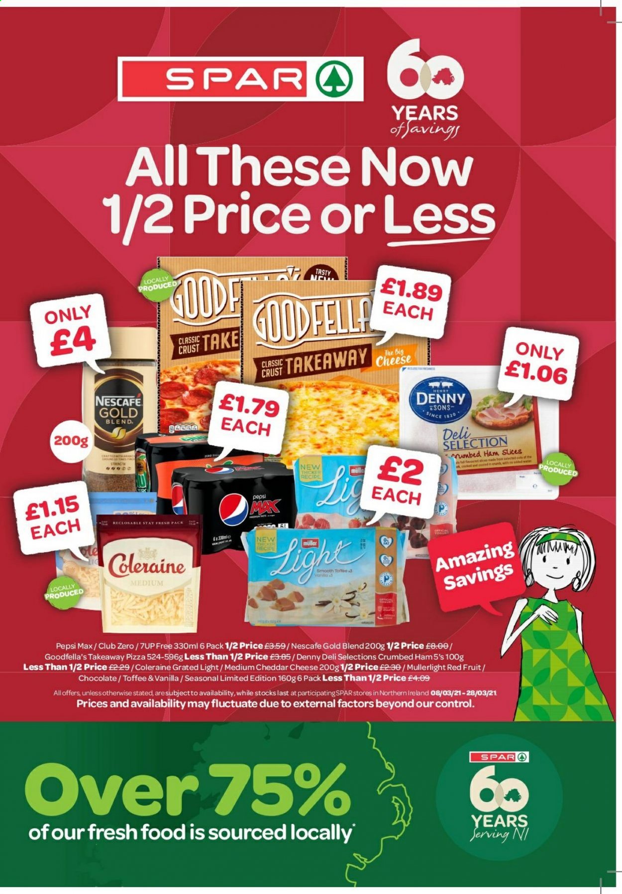 thumbnail - SPAR offer  - 08/03/2021 - 28/03/2021 - Sales products - pizza, ham, cheddar, cheese, Müller, chocolate, toffee, Pepsi, Pepsi Max, 7UP, Club Zero, Nescafé. Page 1.