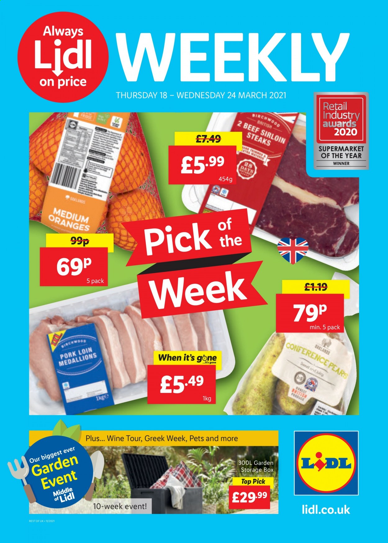 thumbnail - Lidl offer  - 18/03/2021 - 24/03/2021 - Sales products - storage box, pears, oranges, beef meat, beef sirloin, steak, pork loin, pork meat, wine. Page 1.