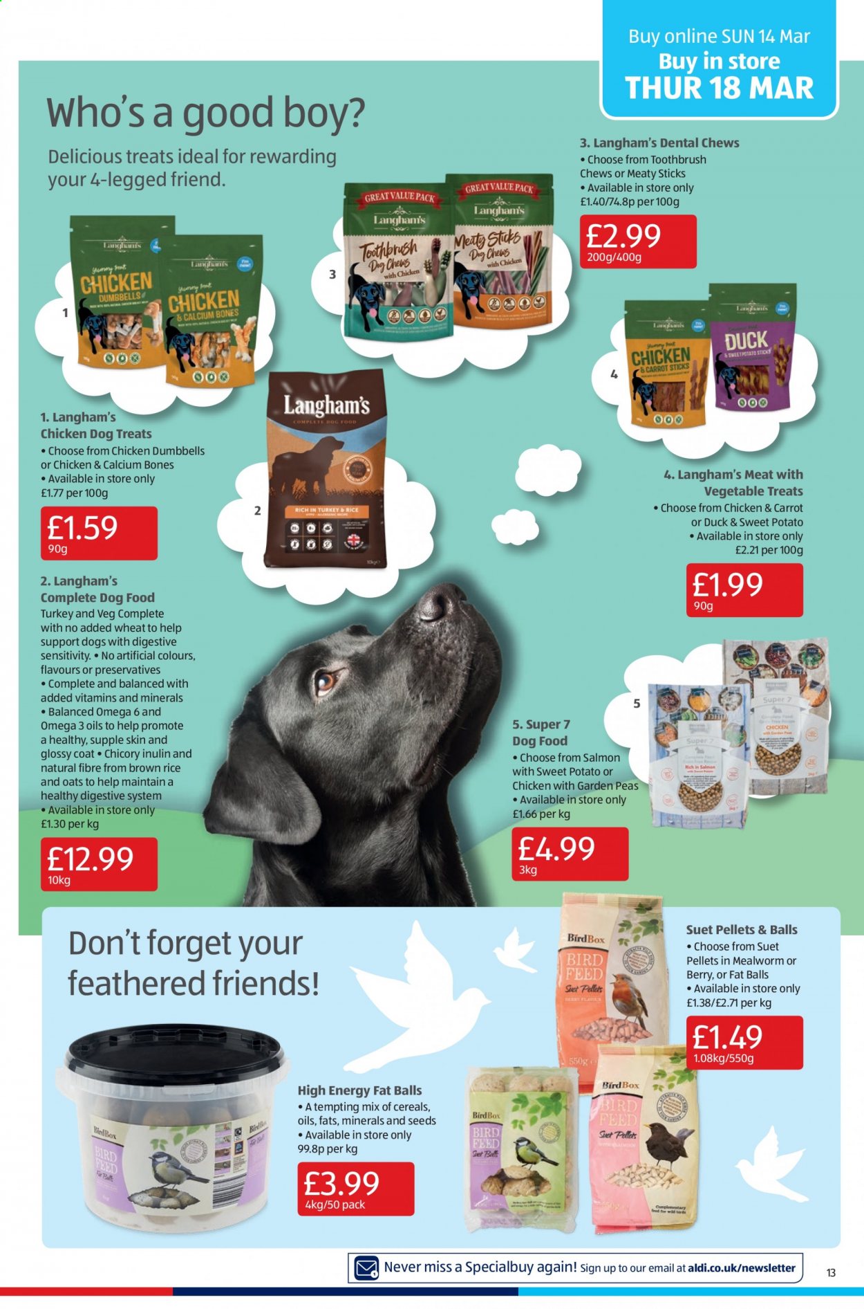 thumbnail - Aldi offer  - 14/03/2021 - 21/03/2021 - Sales products - sweet potato, peas, salmon, suet, chewing gum, Digestive, cereals, brown rice, rice, toothbrush, dental chews, animal food, dog food, coat, calcium, Omega-3. Page 13.
