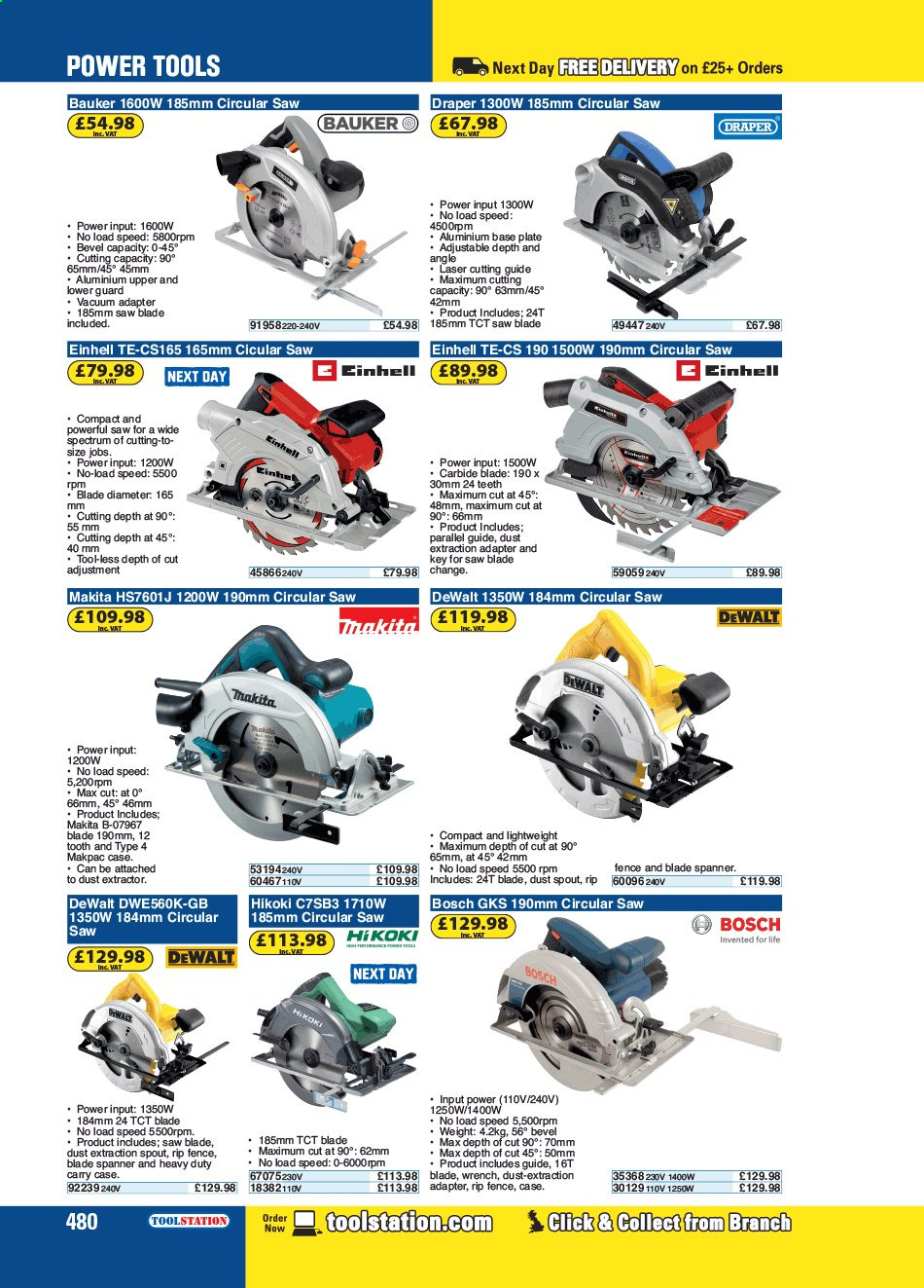 thumbnail - Toolstation offer  - Sales products - Bosch, DeWALT, power tools, Makita, circular saw, saw, wrench, spanner, dust extractor. Page 480.
