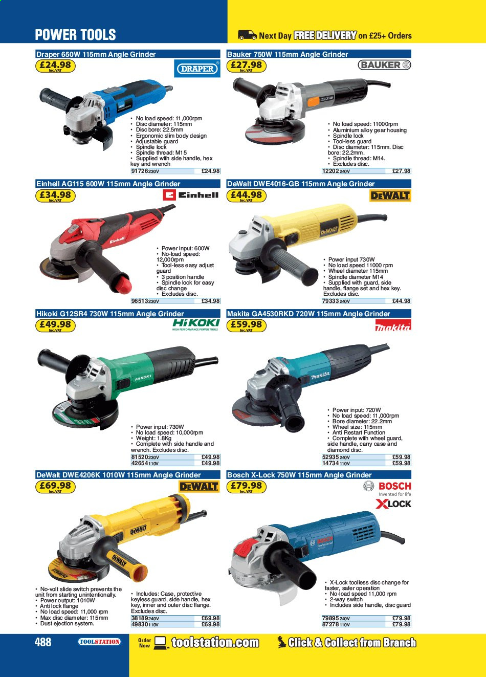 thumbnail - Toolstation offer  - Sales products - Bosch, switch, DeWALT, power tools, Makita, grinder, angle grinder, wrench. Page 488.