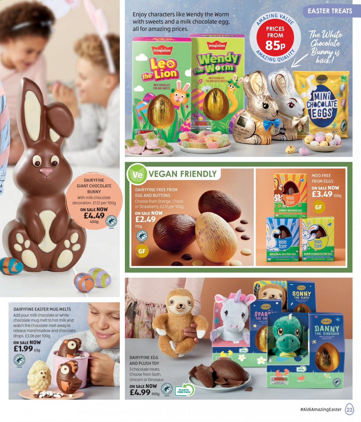 thumbnail - Aldi offer  - Sales products - eggs, marshmallows, milk chocolate, white chocolate, chocolate bunny, mug, toys, dinosaur. Page 23.