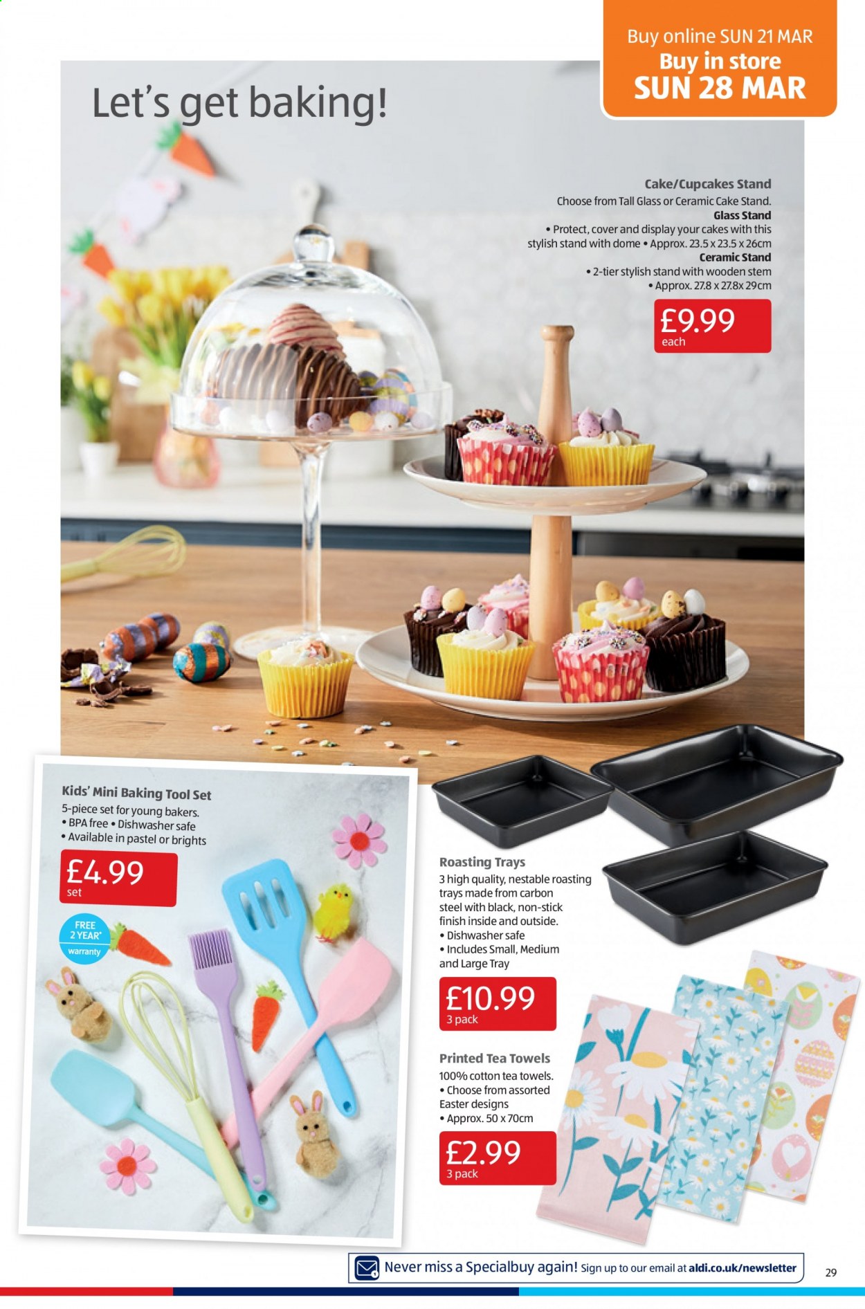 thumbnail - Aldi offer  - 21/03/2021 - 28/03/2021 - Sales products - cupcake, cake, tea, cake stand, tray, tea towels, towel, Bakers. Page 29.