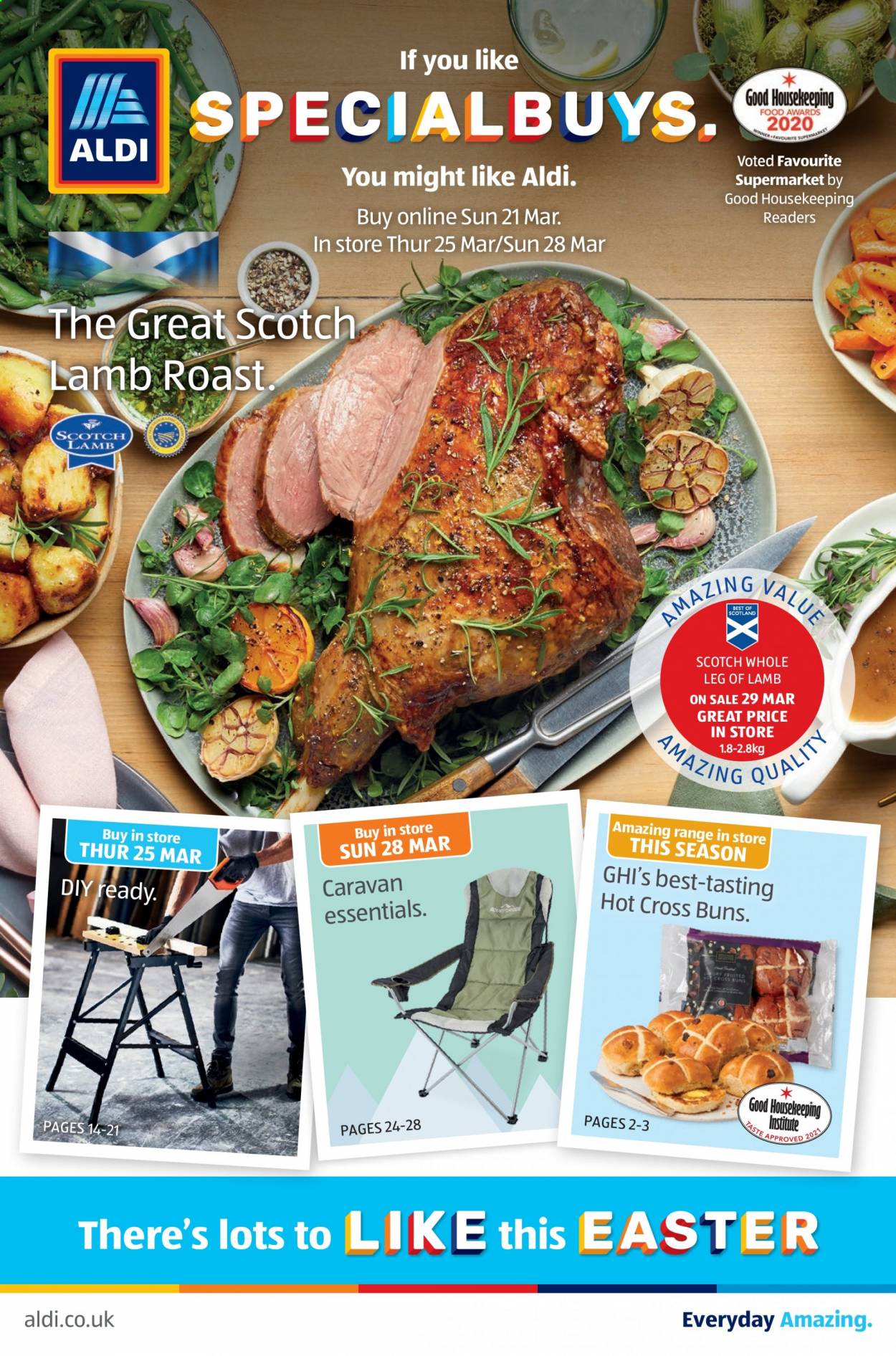 thumbnail - Aldi offer  - 21/03/2021 - 28/03/2021 - Sales products - lamb meat, lamb roast, lamb leg, buns. Page 1.