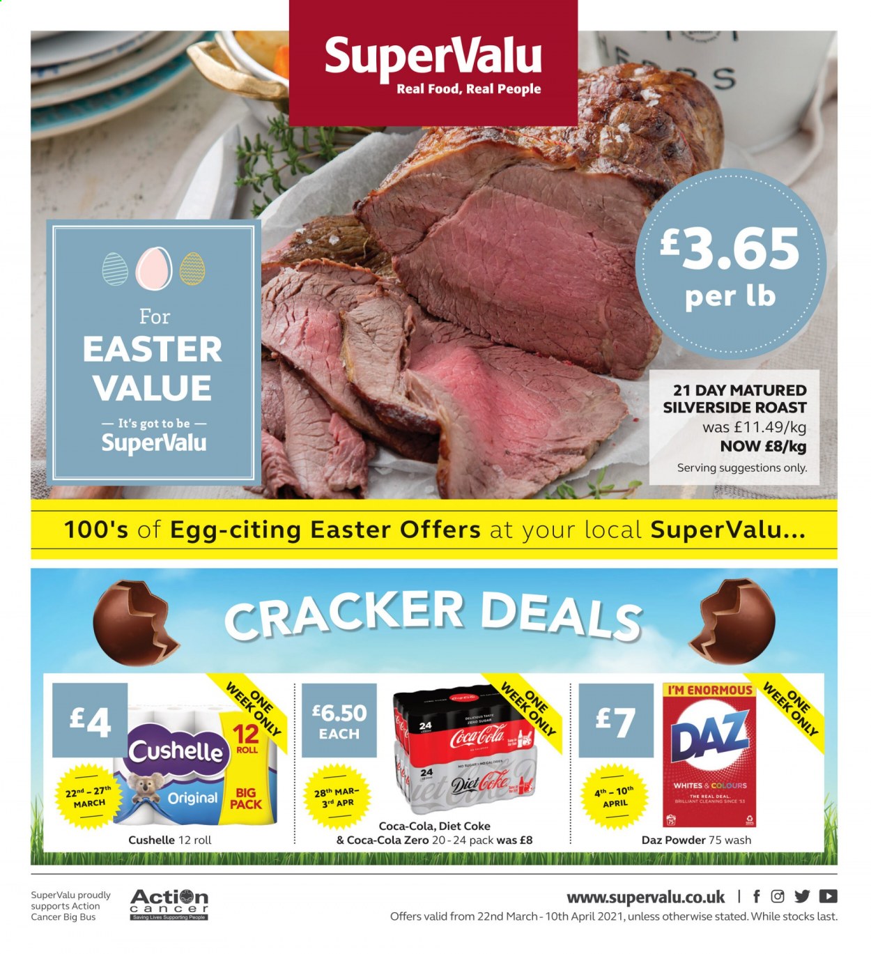 thumbnail - SuperValu offer  - 22/03/2021 - 10/04/2021 - Sales products - eggs, crackers, Coca-Cola, Coca-Cola zero, Diet Coke, Daz Powder. Page 1.