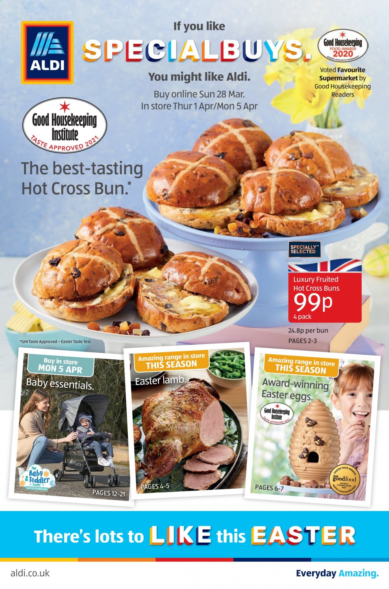 thumbnail - Aldi offer  - 28/03/2021 - 05/04/2021 - Sales products - buns, eggs, chocolate, easter egg. Page 1.