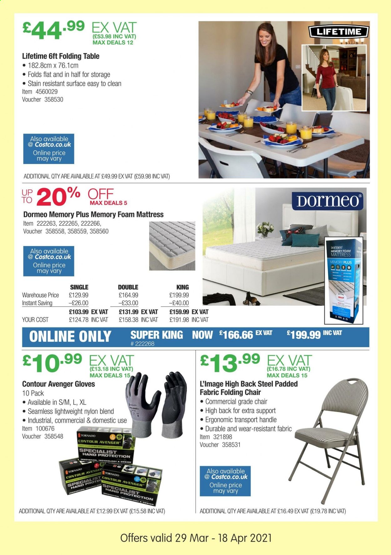 thumbnail - Costco offer  - 29/03/2021 - 18/04/2021 - Sales products - table, chair, mattress, foam mattress, folding table, folding chair. Page 6.