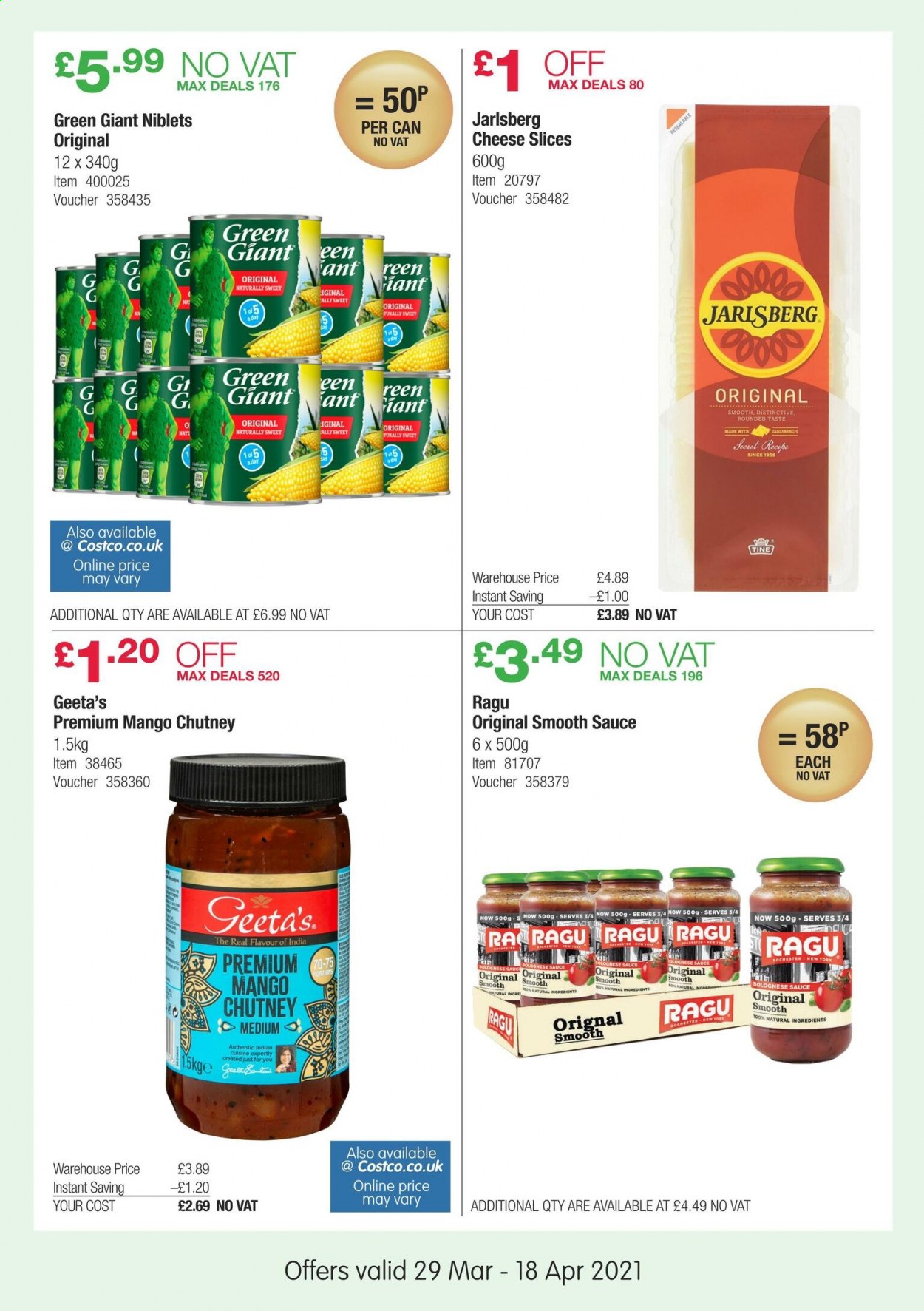 thumbnail - Costco offer  - 29/03/2021 - 18/04/2021 - Sales products - mango, sliced cheese, cheese, bolognese sauce, chutney, ragu. Page 16.