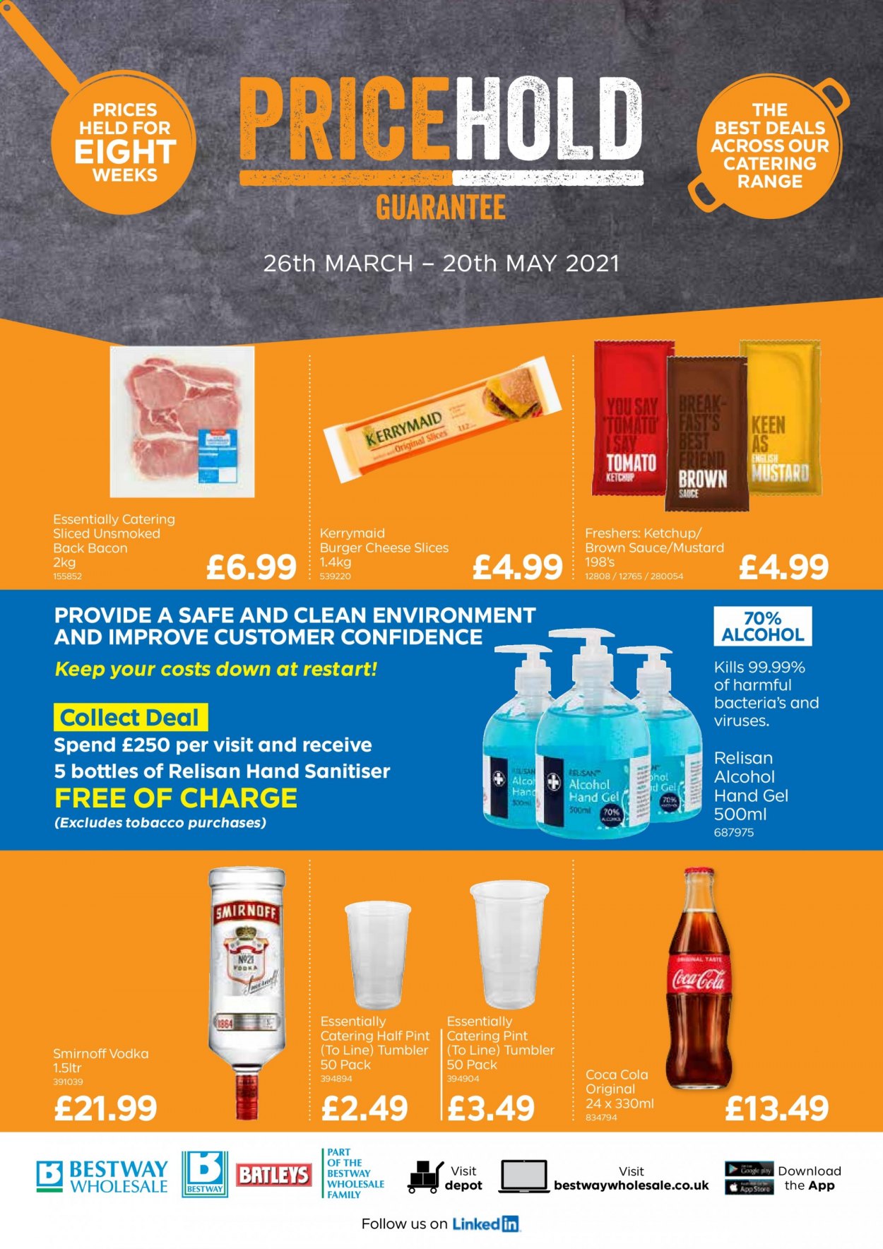 thumbnail - Bestway offer  - 26/03/2021 - 20/05/2021 - Sales products - hamburger, sauce, bacon, sliced cheese, cheese, mustard, ketchup, brown sauce, Coca-Cola, Smirnoff, vodka, hand gel, tumbler. Page 1.