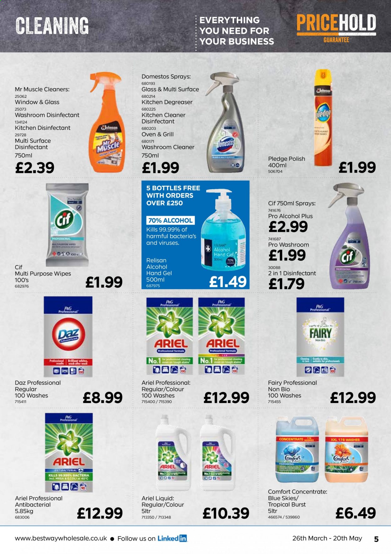 thumbnail - Bestway offer  - 26/03/2021 - 20/05/2021 - Sales products - Johnson's, wipes, Domestos, cleaner, desinfection, Fairy, Cif, Mr. Muscle, Pledge, Ariel, Daz Powder, Comfort softener, hand gel, polish. Page 5.