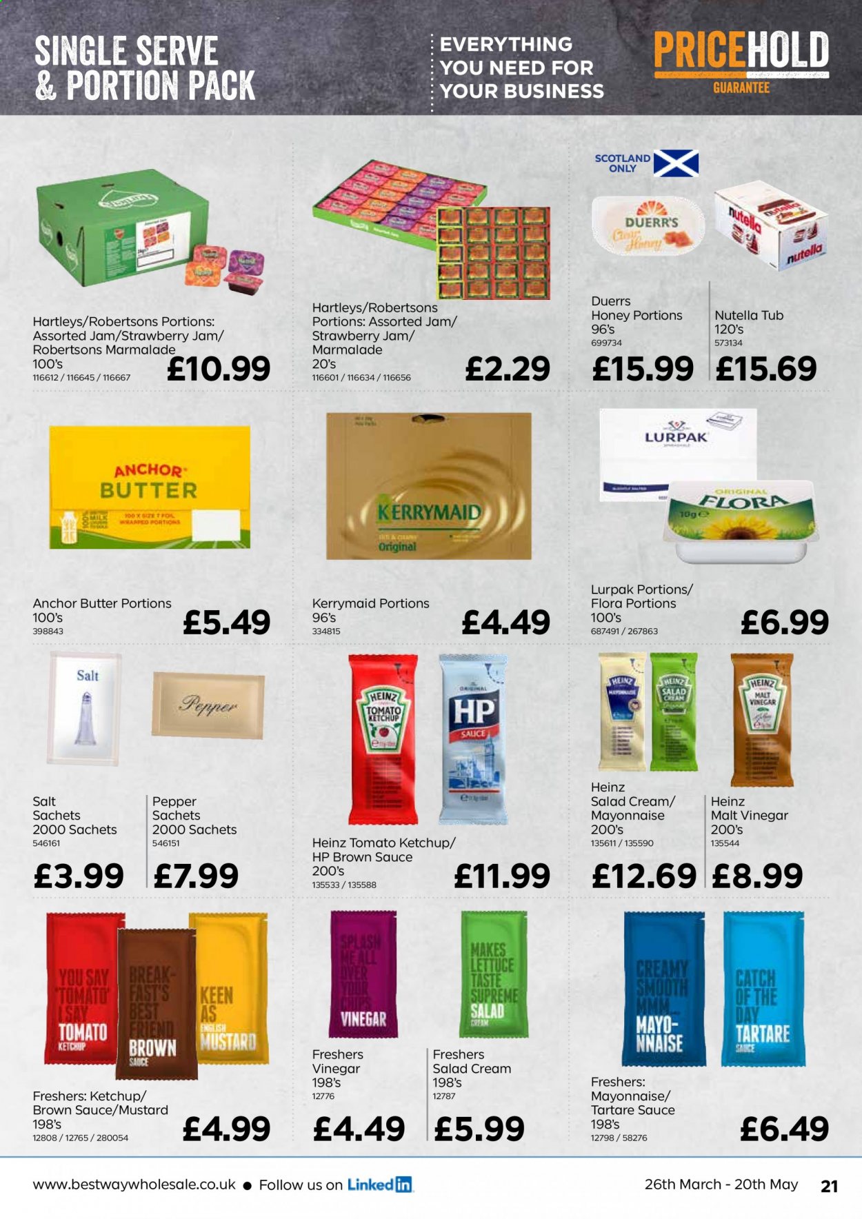thumbnail - Bestway offer  - 26/03/2021 - 20/05/2021 - Sales products - lettuce, sauce, milk, butter, Flora, Anchor, mayonnaise, salad cream, Nutella, strawberry jam, Heinz, pepper, mustard, ketchup, brown sauce, vinegar, honey, fruit jam. Page 21.