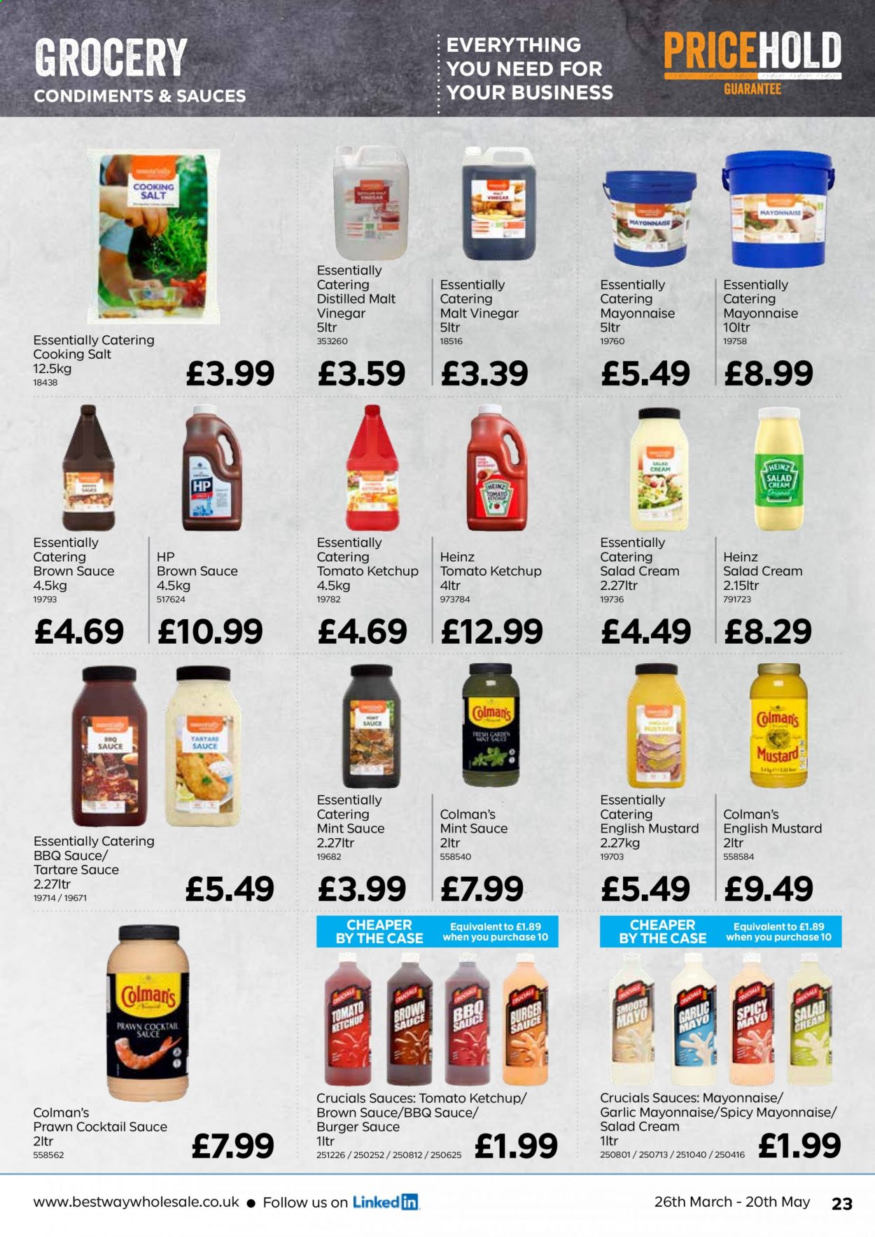 thumbnail - Bestway offer  - 26/03/2021 - 20/05/2021 - Sales products - garlic, prawns, mayonnaise, tartar sauce, salad cream, Heinz, BBQ sauce, cocktail sauce, mustard, ketchup, brown sauce, vinegar. Page 23.