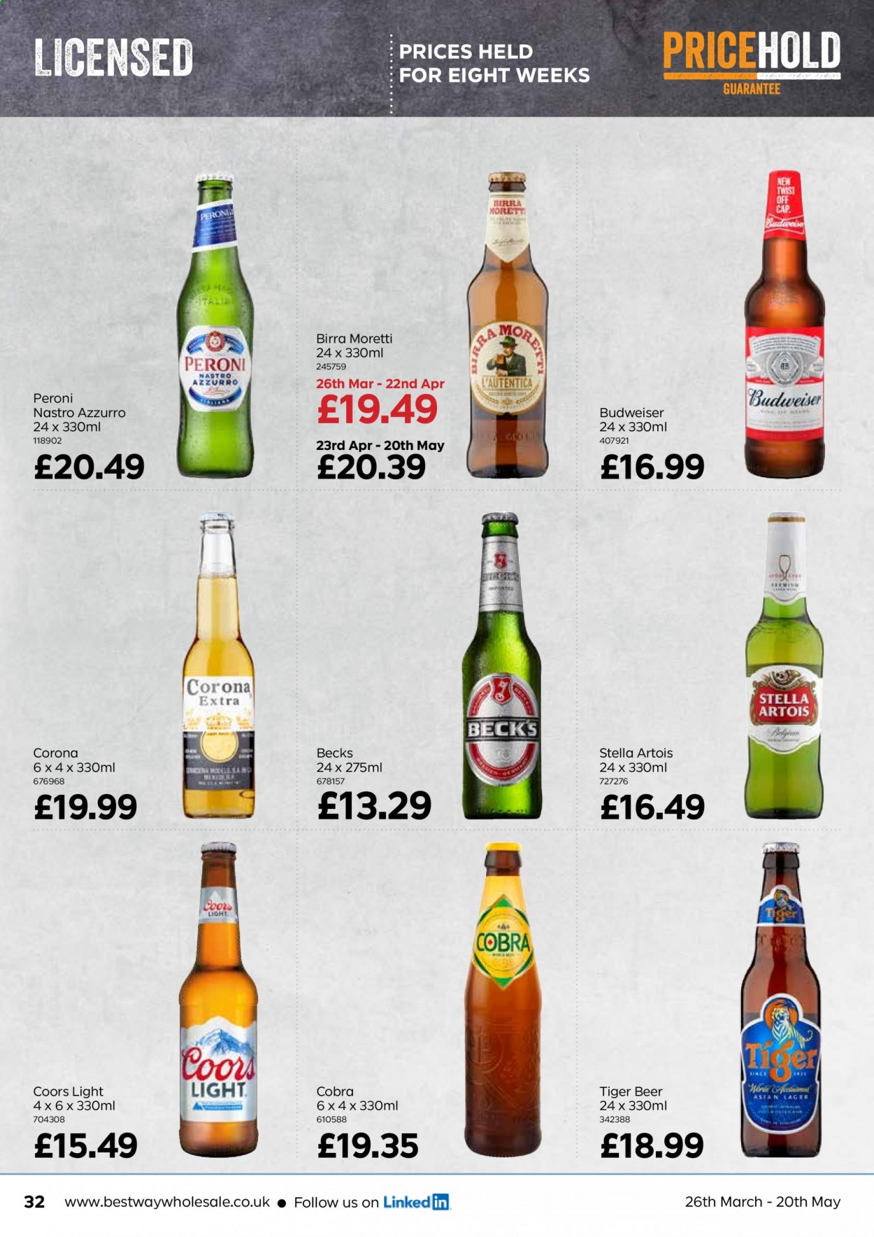 thumbnail - Bestway offer  - 26/03/2021 - 20/05/2021 - Sales products - Budweiser, Stella Artois, Coors, Corona Extra, beer, Peroni, Lager. Page 32.